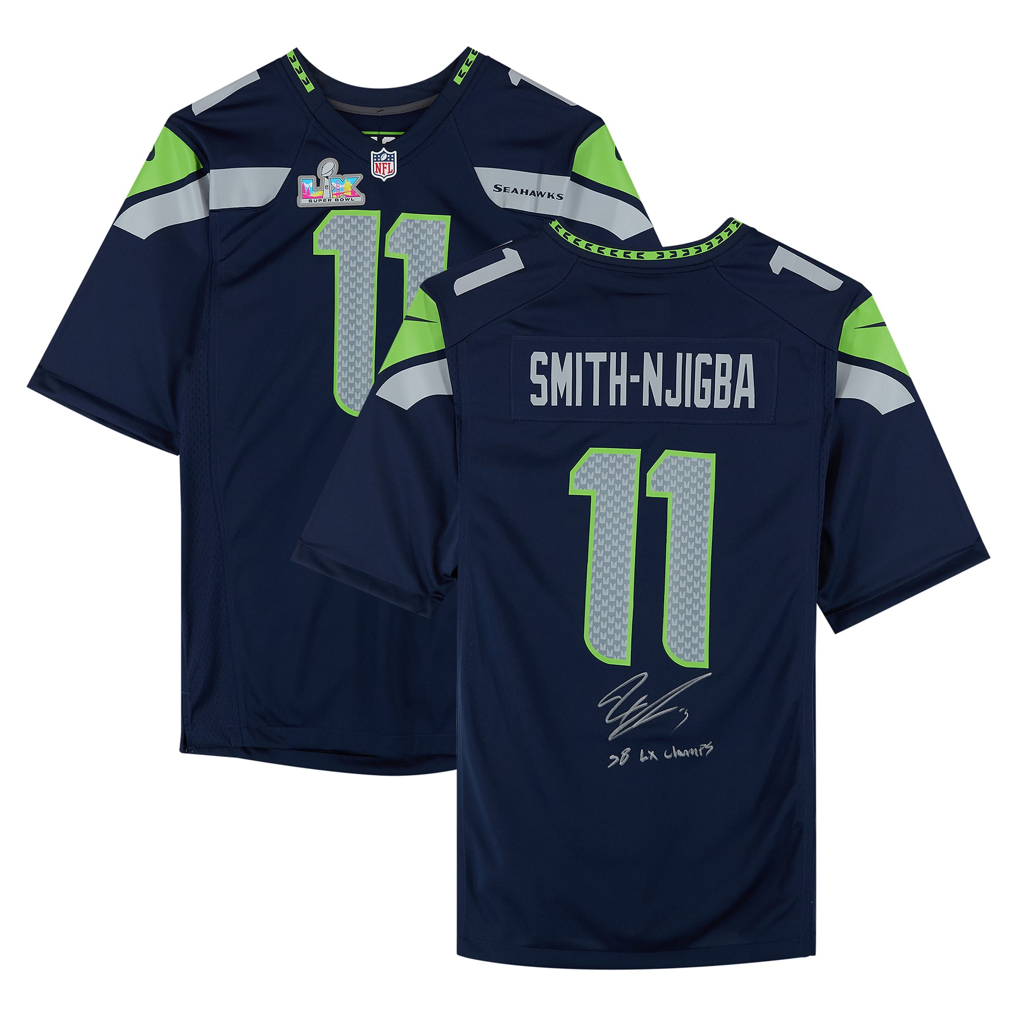 Maillot de match Nike bleu marine autographié par Jaxon Smith-Njigba des Seattle Seahawks lors du Super Bowl LX, avec inscription « Champions du SB LX ».