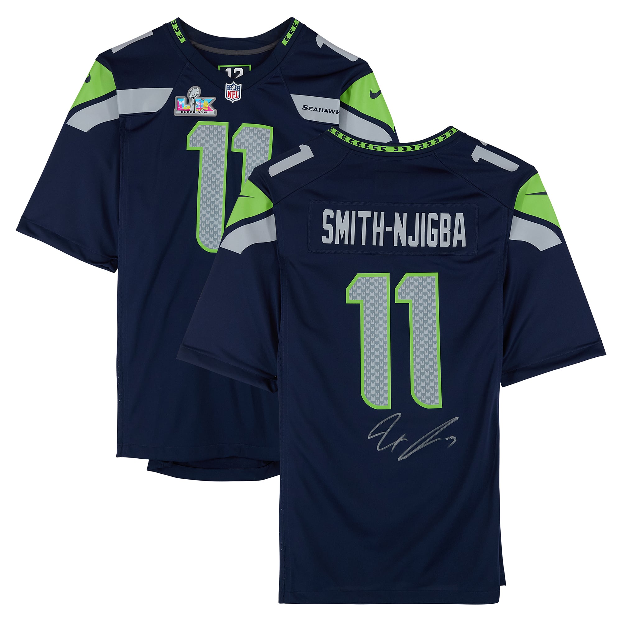 Maillot de match universitaire Nike bleu marine autographié par Jaxon Smith-Njigba des Seahawks de Seattle, champions du Super Bowl LX