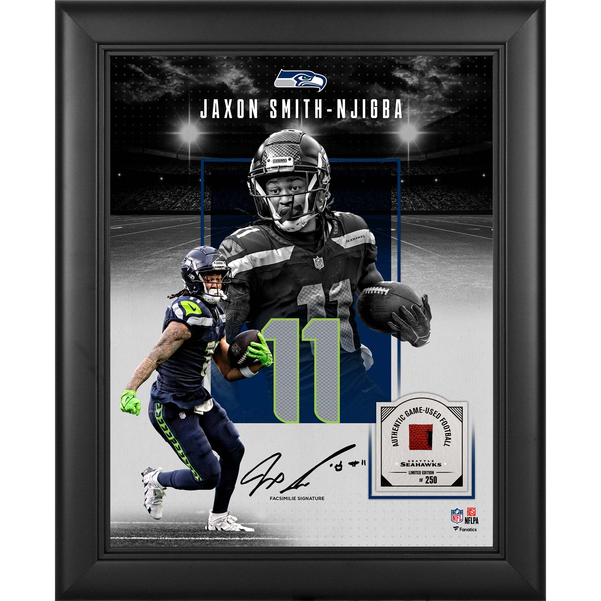 Jaxon Smith-Njigba Seattle Seahawks Facsimile Signature Framed 11" x 14" Showcase Collage with a Piece of Game-Used Football - Limited Edition of 250