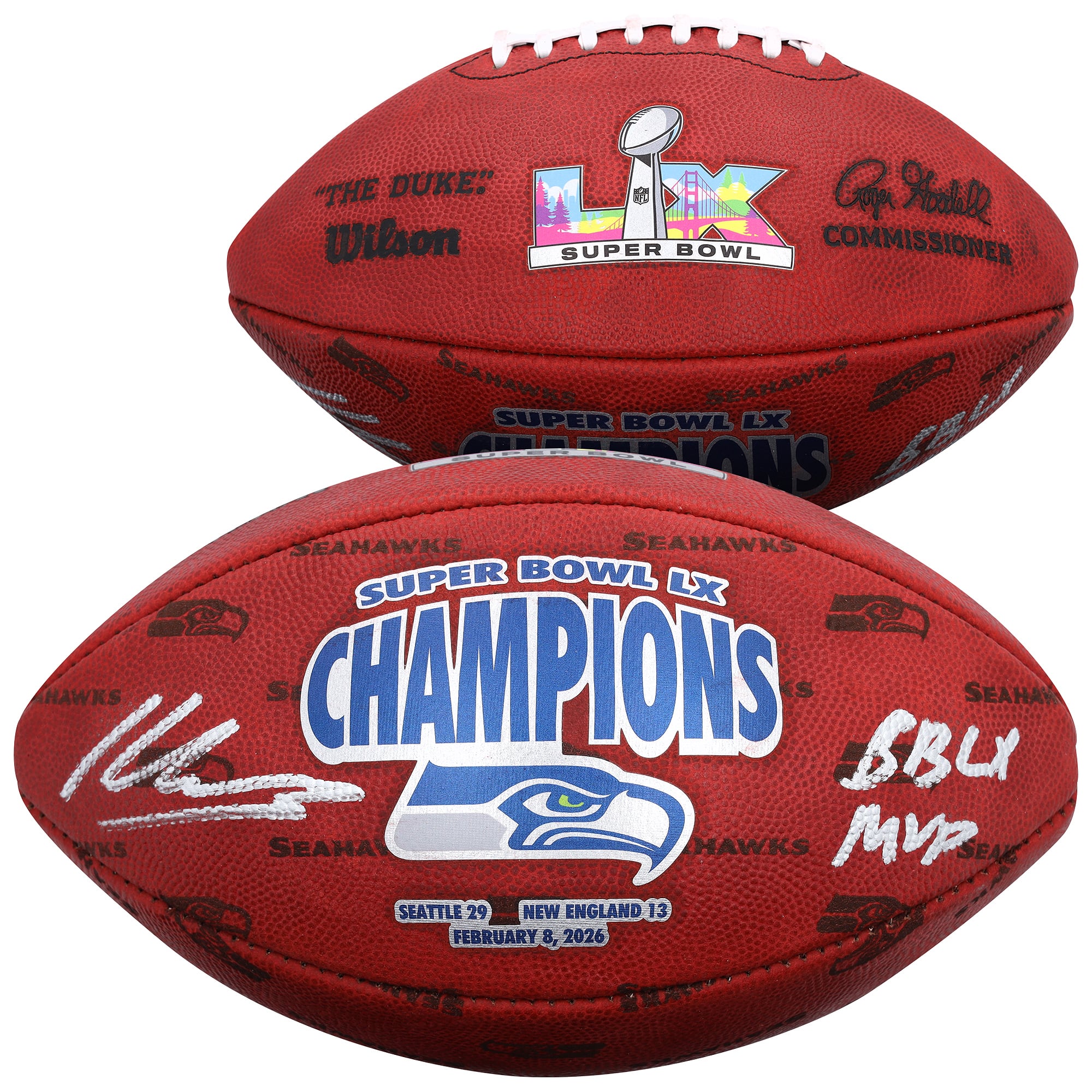Ballon de football américain Wilson Duke, signé par Kenneth Walker III, joueur des Seattle Seahawks, champions du Super Bowl LX, avec inscription « MVP du Super Bowl LX ».