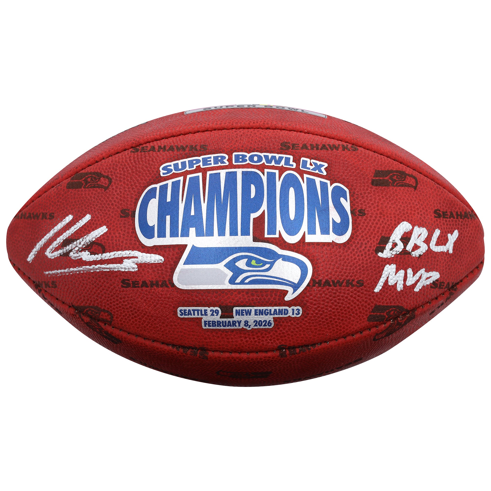 Ballon de football américain Wilson Duke, signé par Kenneth Walker III, joueur des Seattle Seahawks, champions du Super Bowl LX, avec inscription « MVP du Super Bowl LX ».