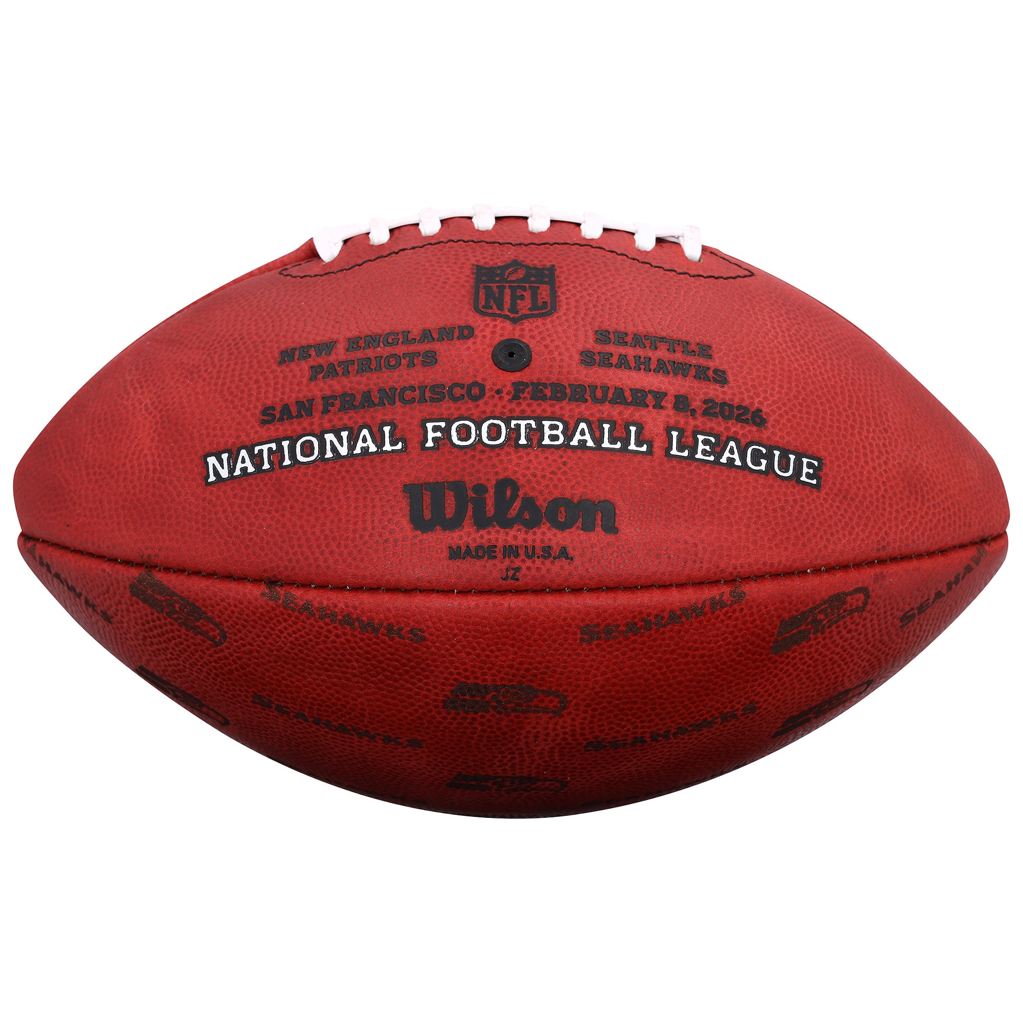 Ballon de football américain Wilson Duke, signé par Kenneth Walker III, joueur des Seattle Seahawks, champions du Super Bowl LX, avec inscription « MVP du Super Bowl LX ».