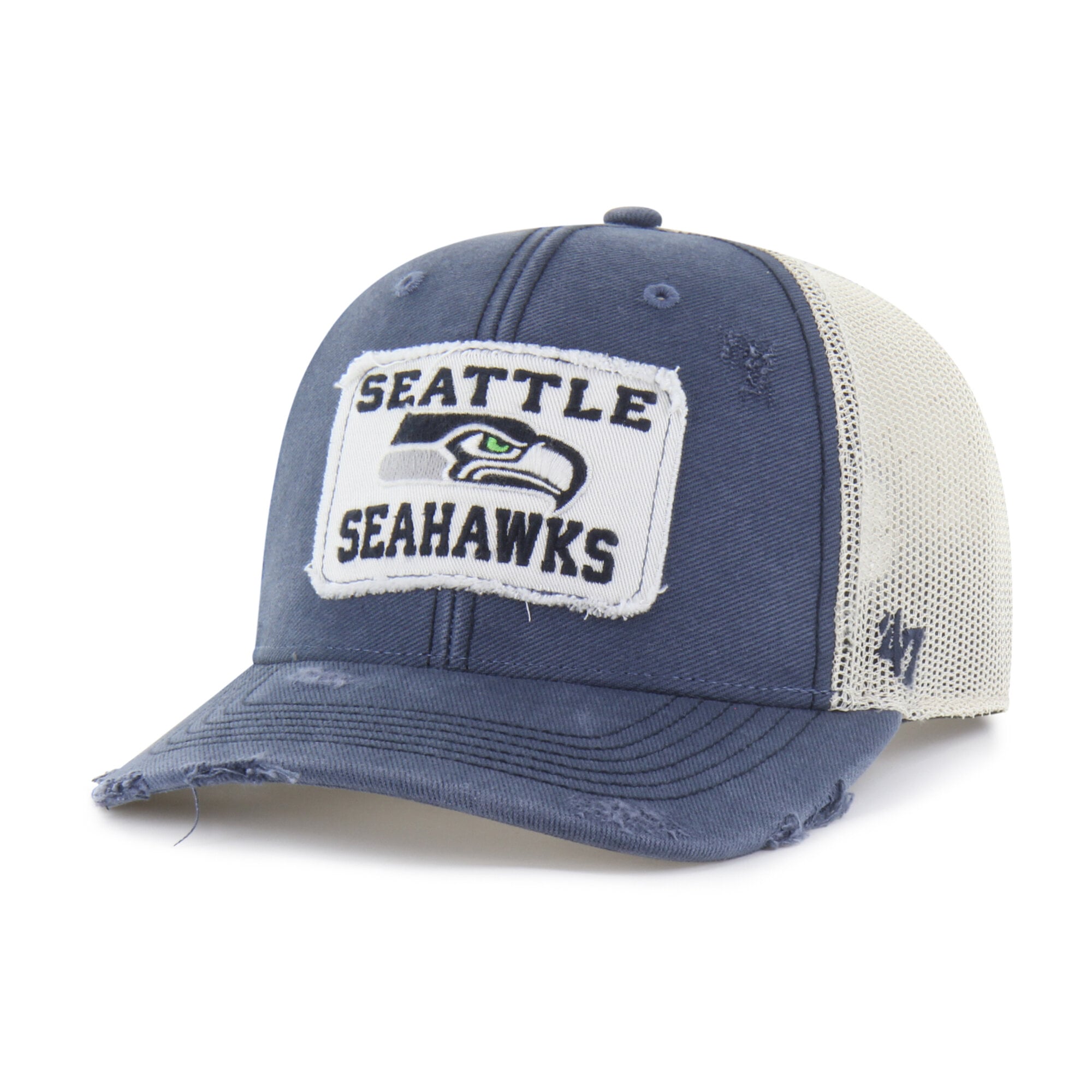 Casquette trucker ajustable Seattle Seahawks Egremont, bleu marine, modèle 47, usée.