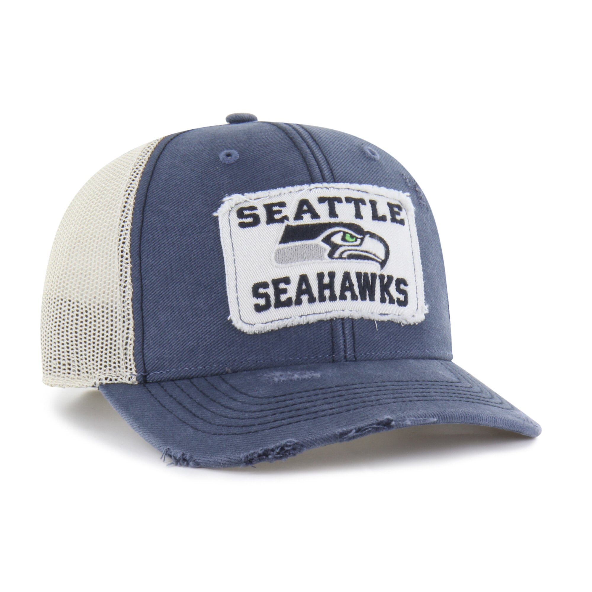Casquette trucker ajustable Seattle Seahawks Egremont, bleu marine, modèle 47, usée.