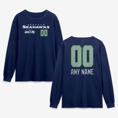 Seattle Seahawks  Touchdown Wordmark Personalized Name & Number Long Sleeve T-Shirt - College Navy