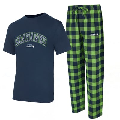 Seattle Seahawks Concepts Sport Big & Tall Avondale T-Shirt & Flannel Pants Sleep Set - College Navy/Neon Green