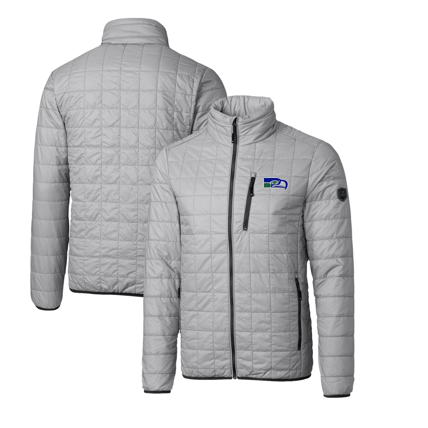 Doudoune isolante entièrement zippée Rainier PrimaLoft Eco pour homme, grise, avec logo rétro des Seattle Seahawks, Cutter & Buck