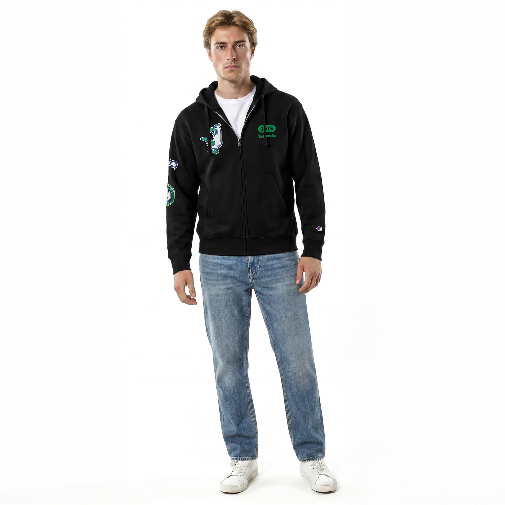 Men's Disney x Champion Black Seattle Seahawks Seagulls All-Star Full-Zip Hoodie