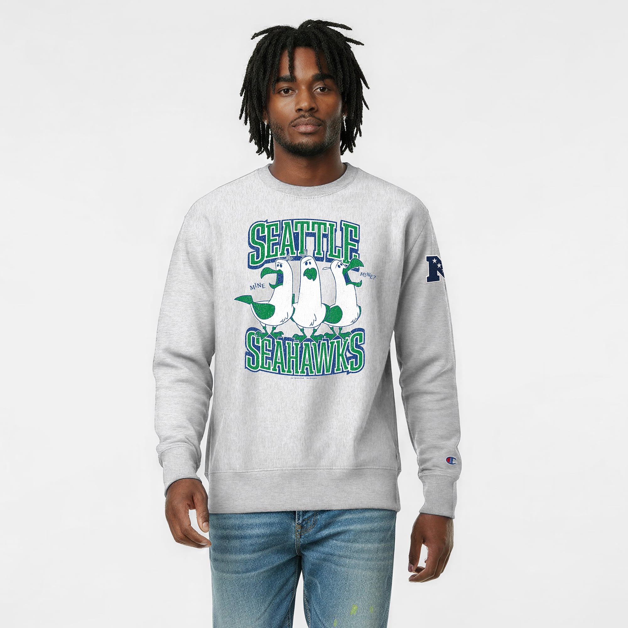 Sweat-shirt homme Disney x Champion gris chiné Seattle Seahawks Seagulls Reverse Weave