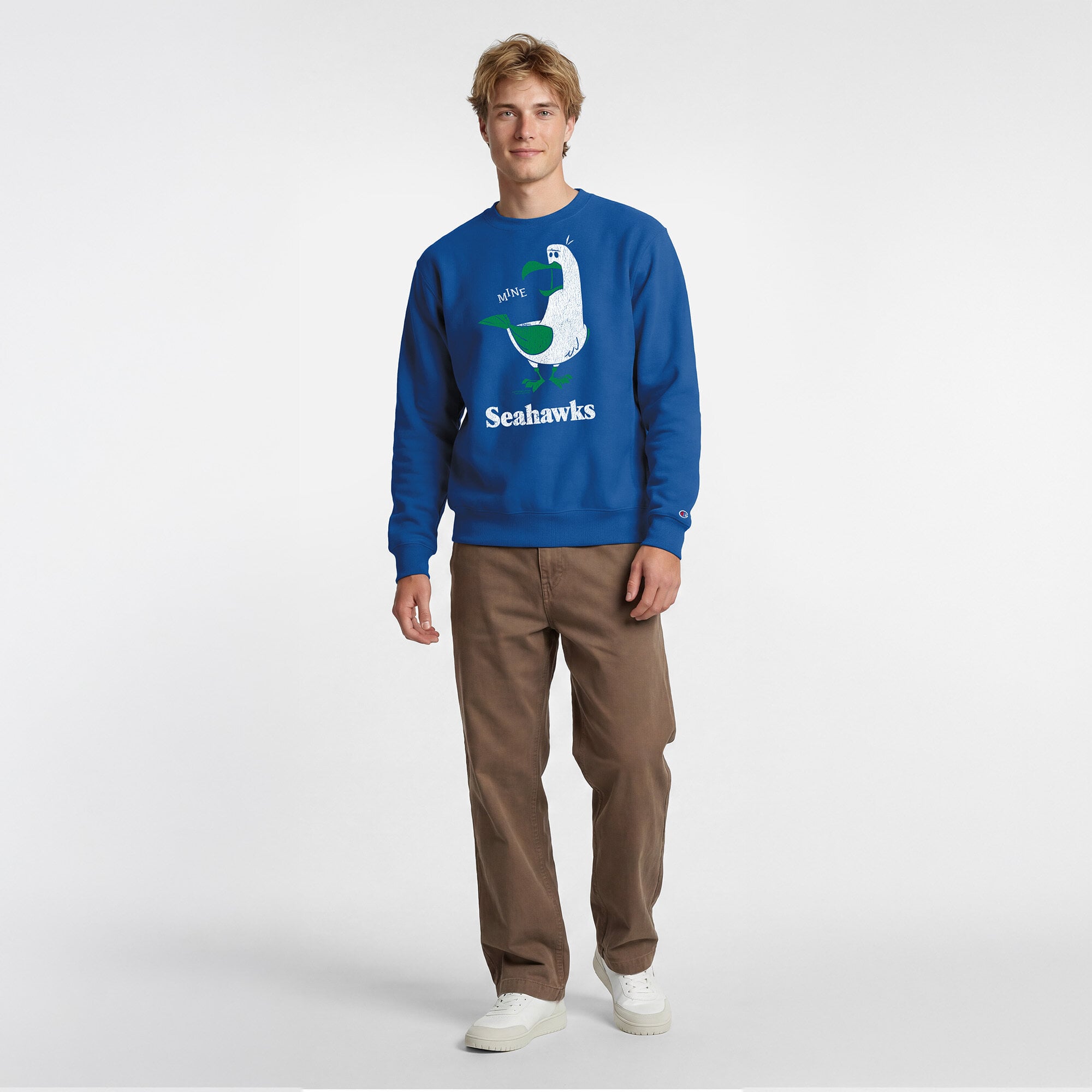 Men's Disney x Champion Royal Seattle Seahawks Seagulls Powerblend Sweatshirt