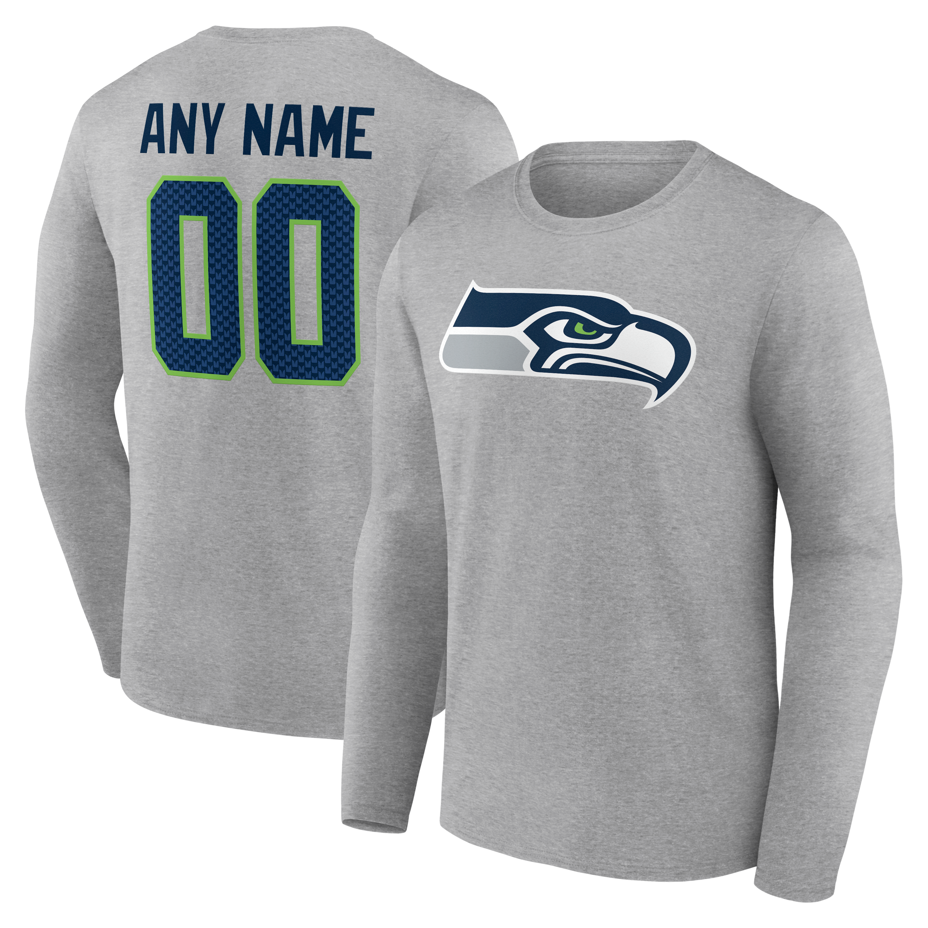 T-shirt à manches longues gris authentique pour homme des Seattle Seahawks, personnalisé avec nom et numéro.