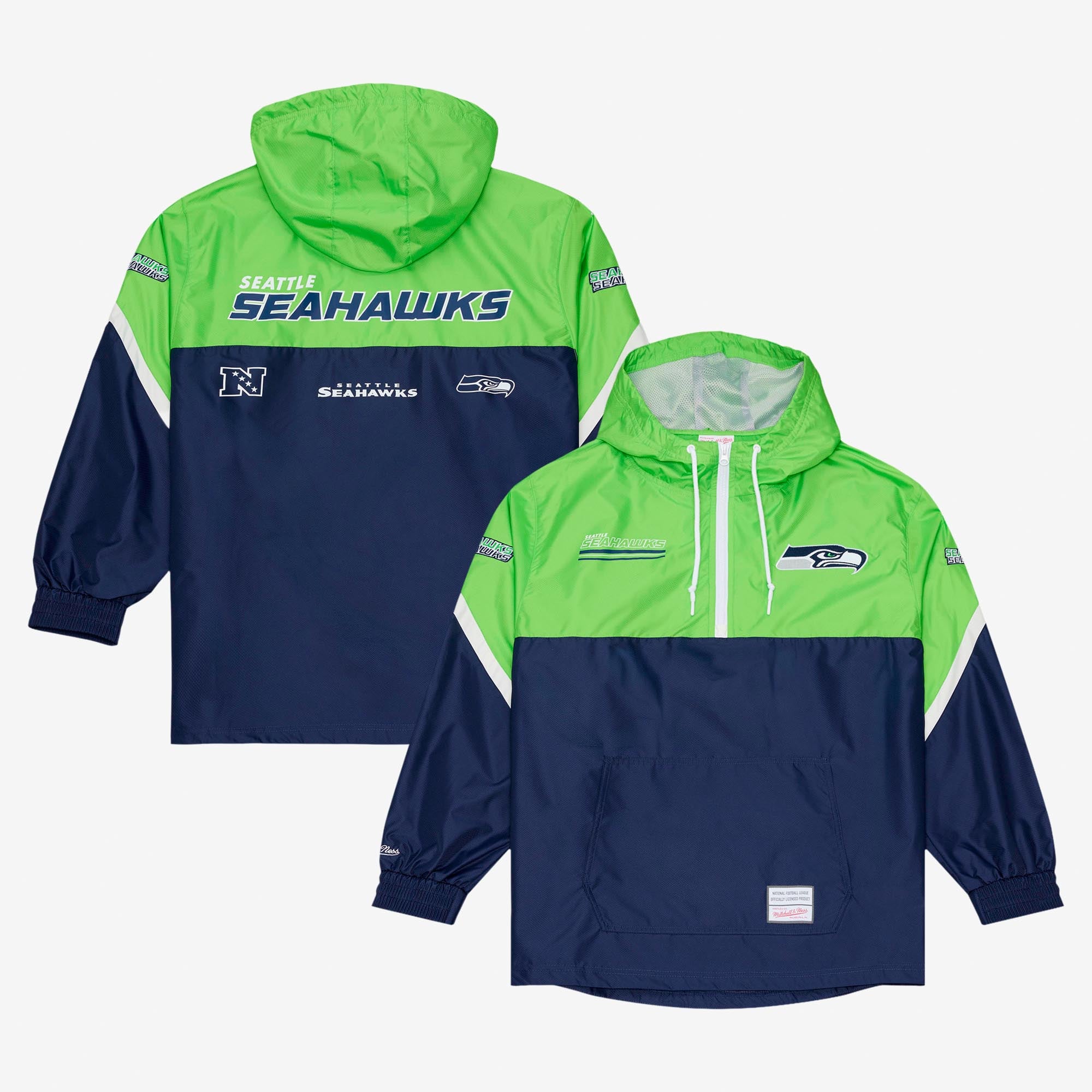 Coupe-vent Mitchell & Ness pour homme, vert fluo/bleu marine, motif à carreaux triples Seattle Seahawks, fermeture éclair au quart