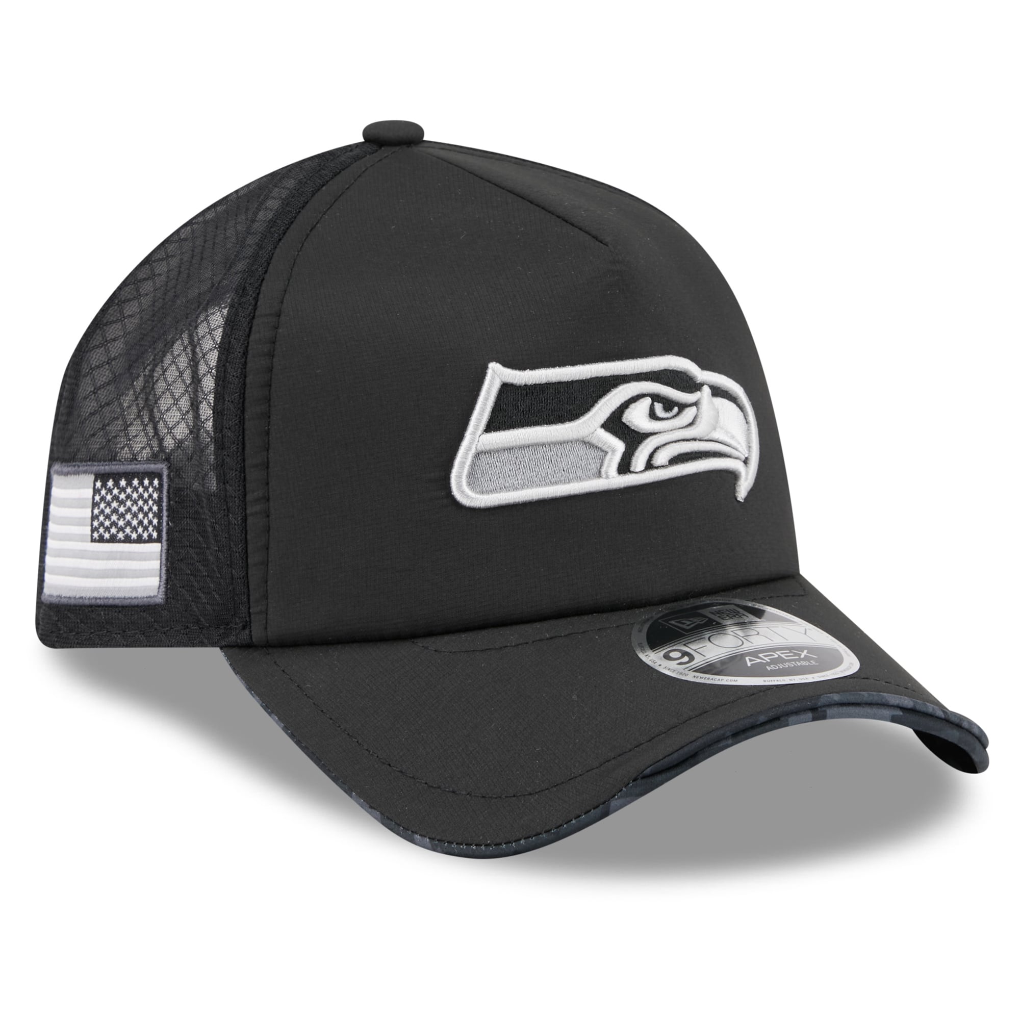 Men's New Era Black Seattle Seahawks 2026 Salute To Service Apex 9FORTY Adjustable Trucker Hat