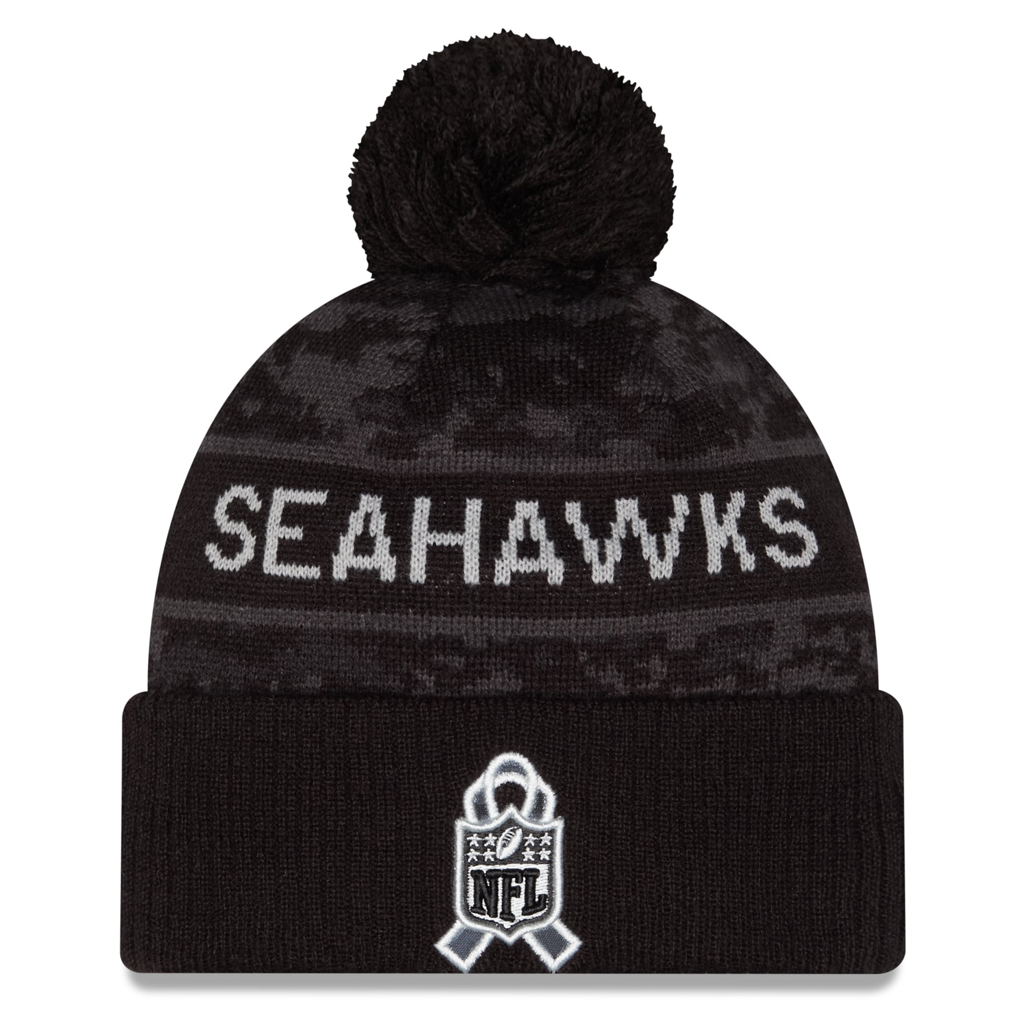 Bonnet à revers New Era noir Seattle Seahawks 2026 Salute To Service pour homme, avec pompon