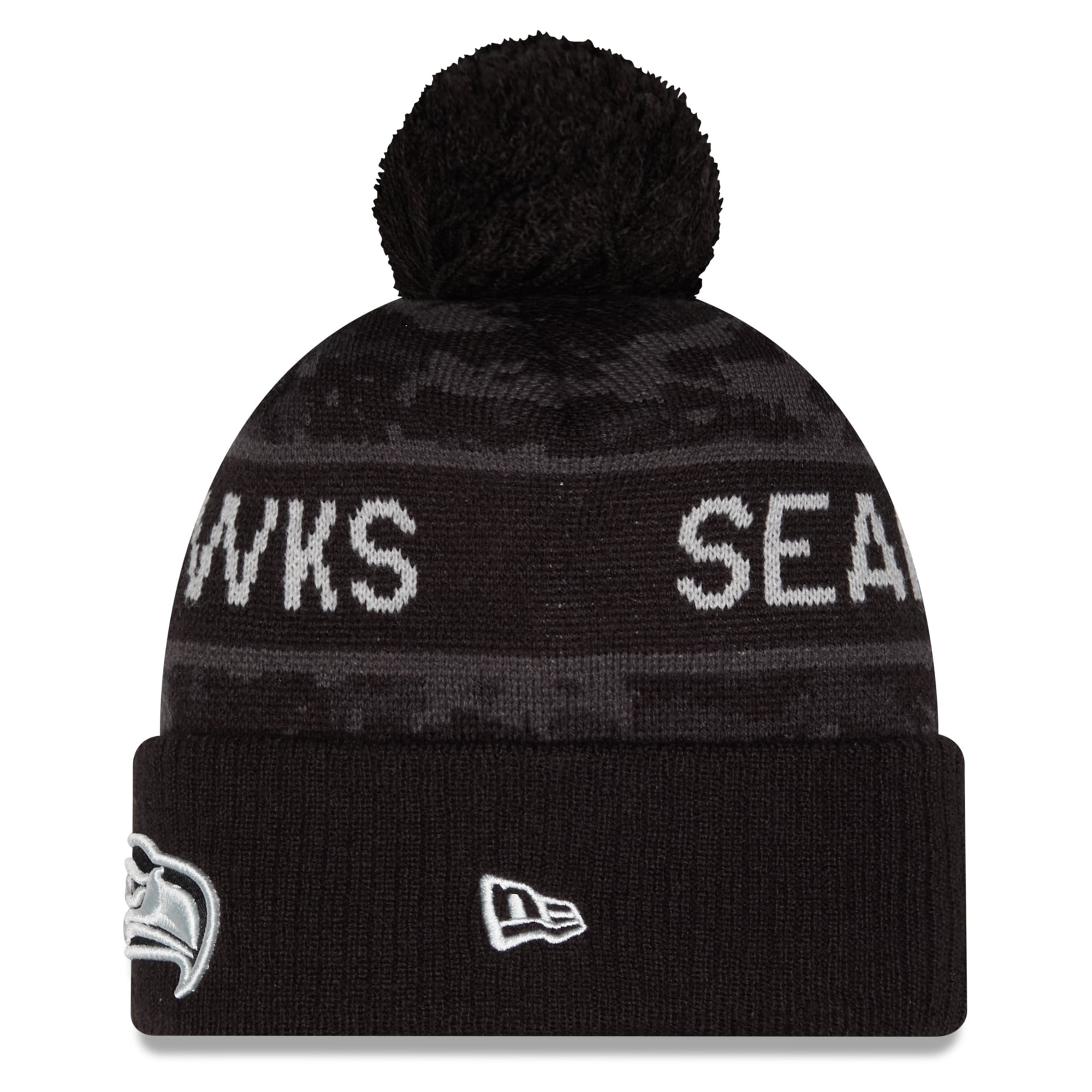 Bonnet à revers New Era noir Seattle Seahawks 2026 Salute To Service pour homme, avec pompon