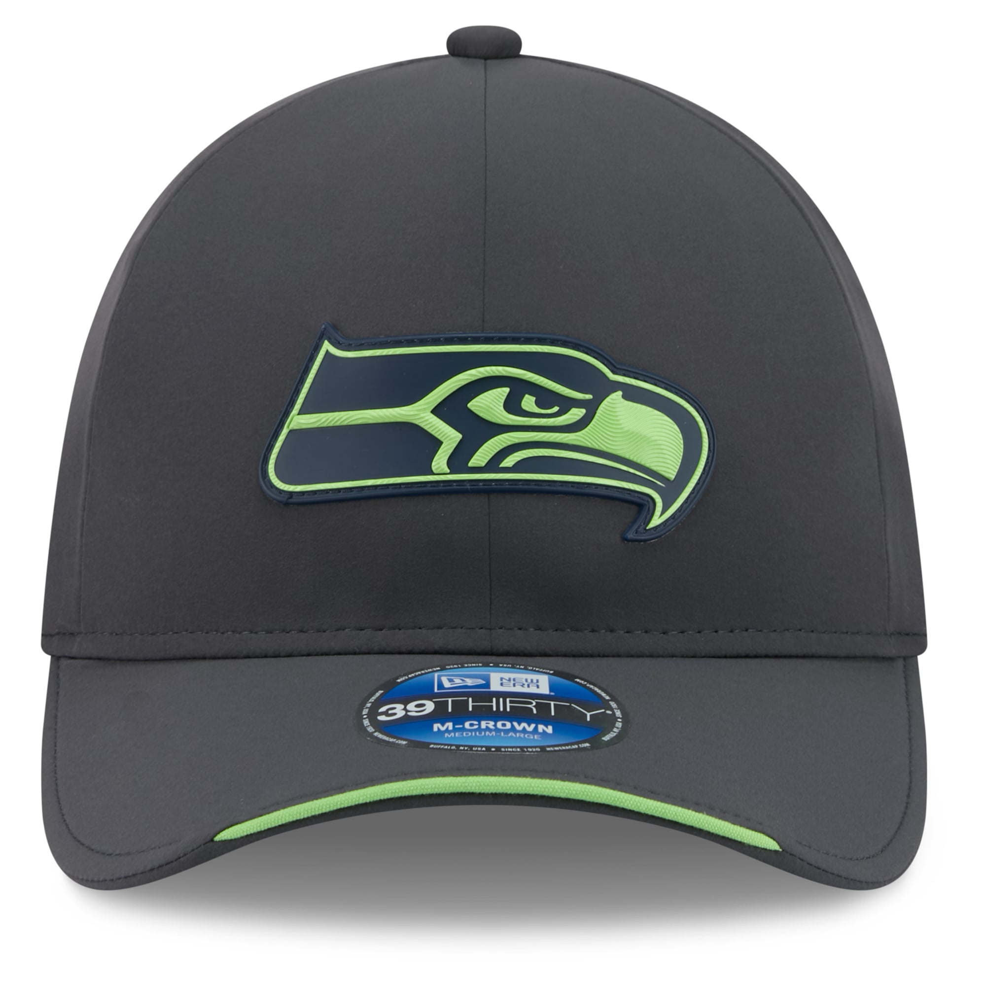 Casquette extensible New Era 39THIRTY M-Crown, couleur anthracite, Seattle Seahawks, édition spéciale 2026, idéale pour les temps froids.