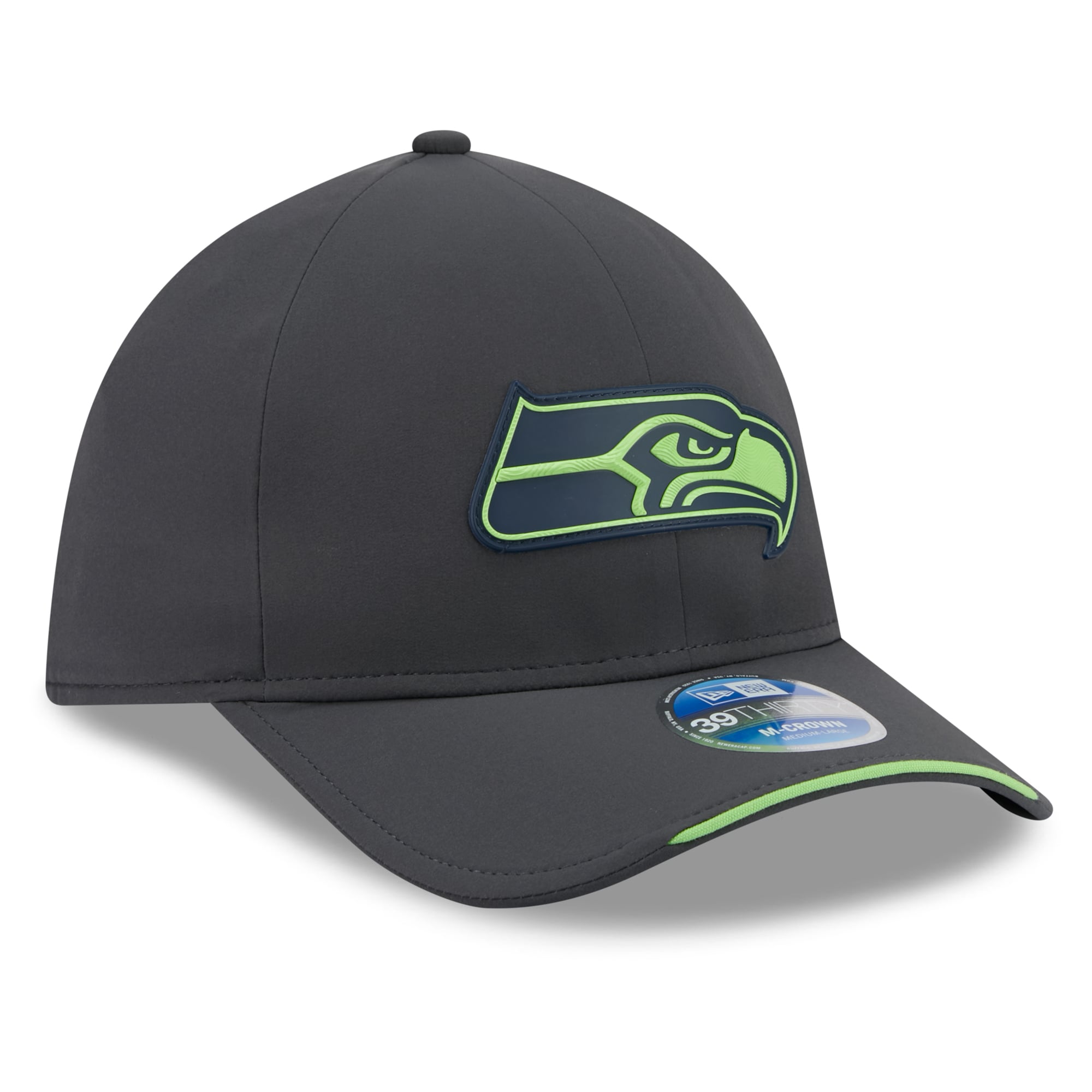 Casquette extensible New Era 39THIRTY M-Crown, couleur anthracite, Seattle Seahawks, édition spéciale 2026, idéale pour les temps froids.