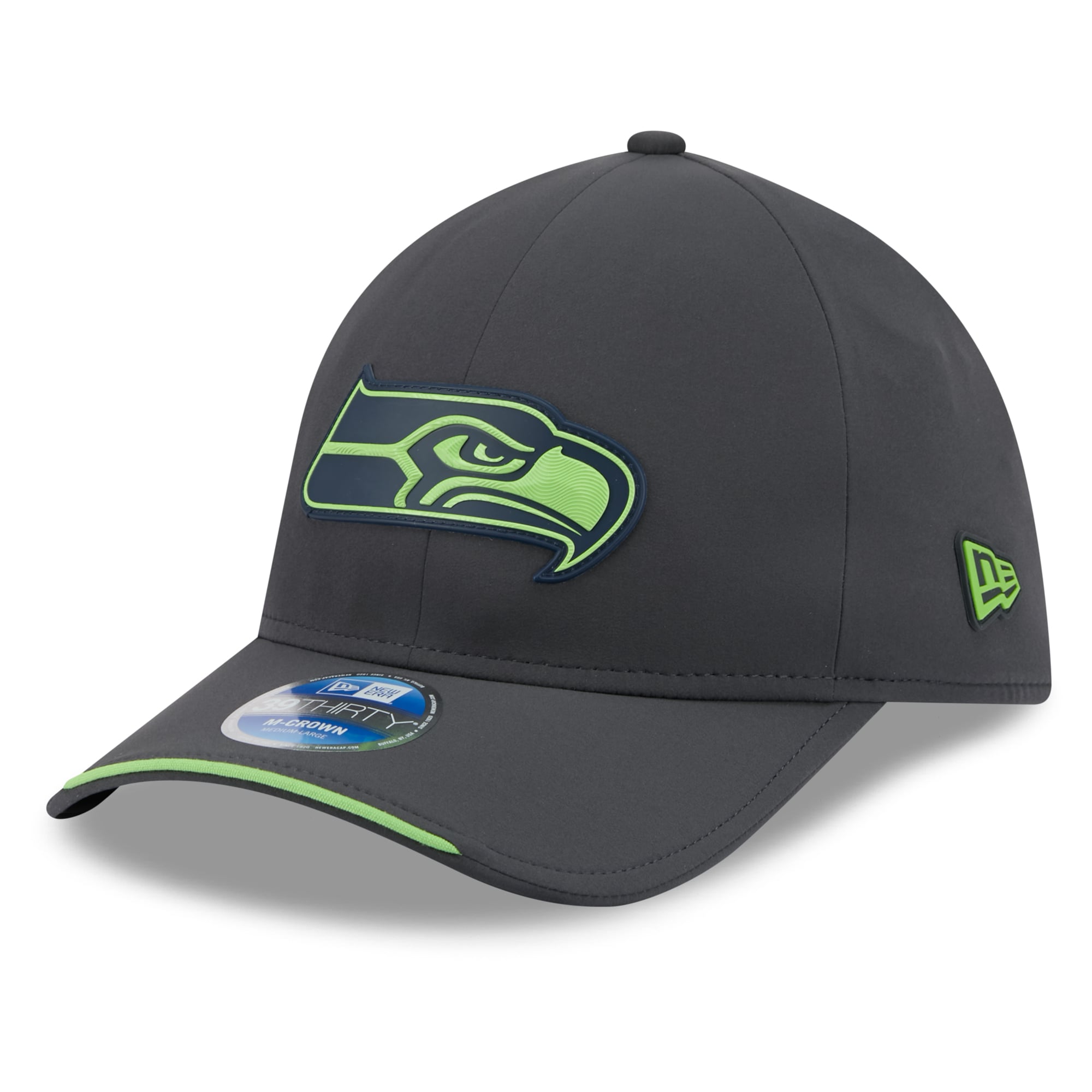 Casquette extensible New Era 39THIRTY M-Crown, couleur anthracite, Seattle Seahawks, édition spéciale 2026, idéale pour les temps froids.