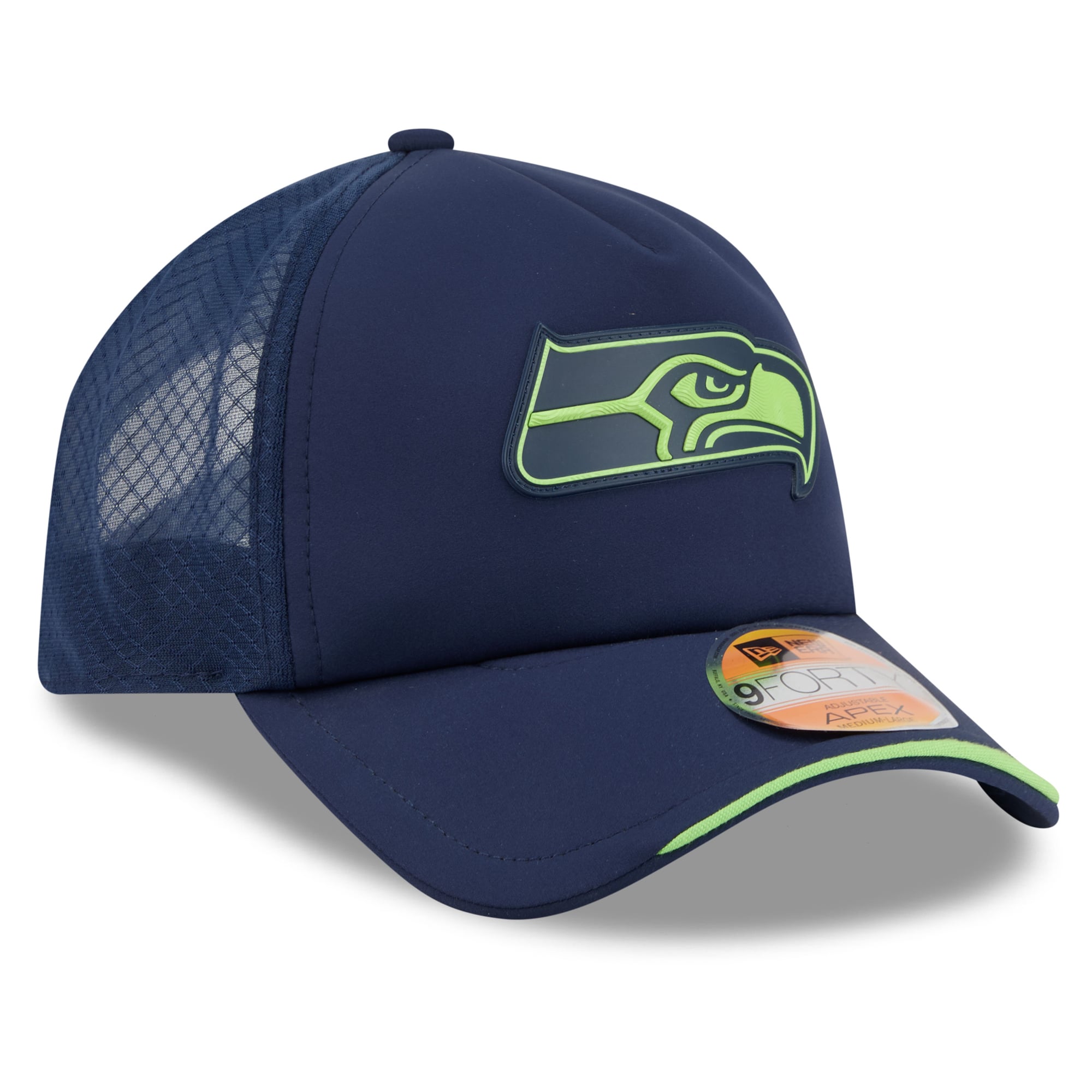 Men's New Era College Navy Seattle Seahawks 2026 Sideline APEX 9FORTY Adjustable Trucker Hat