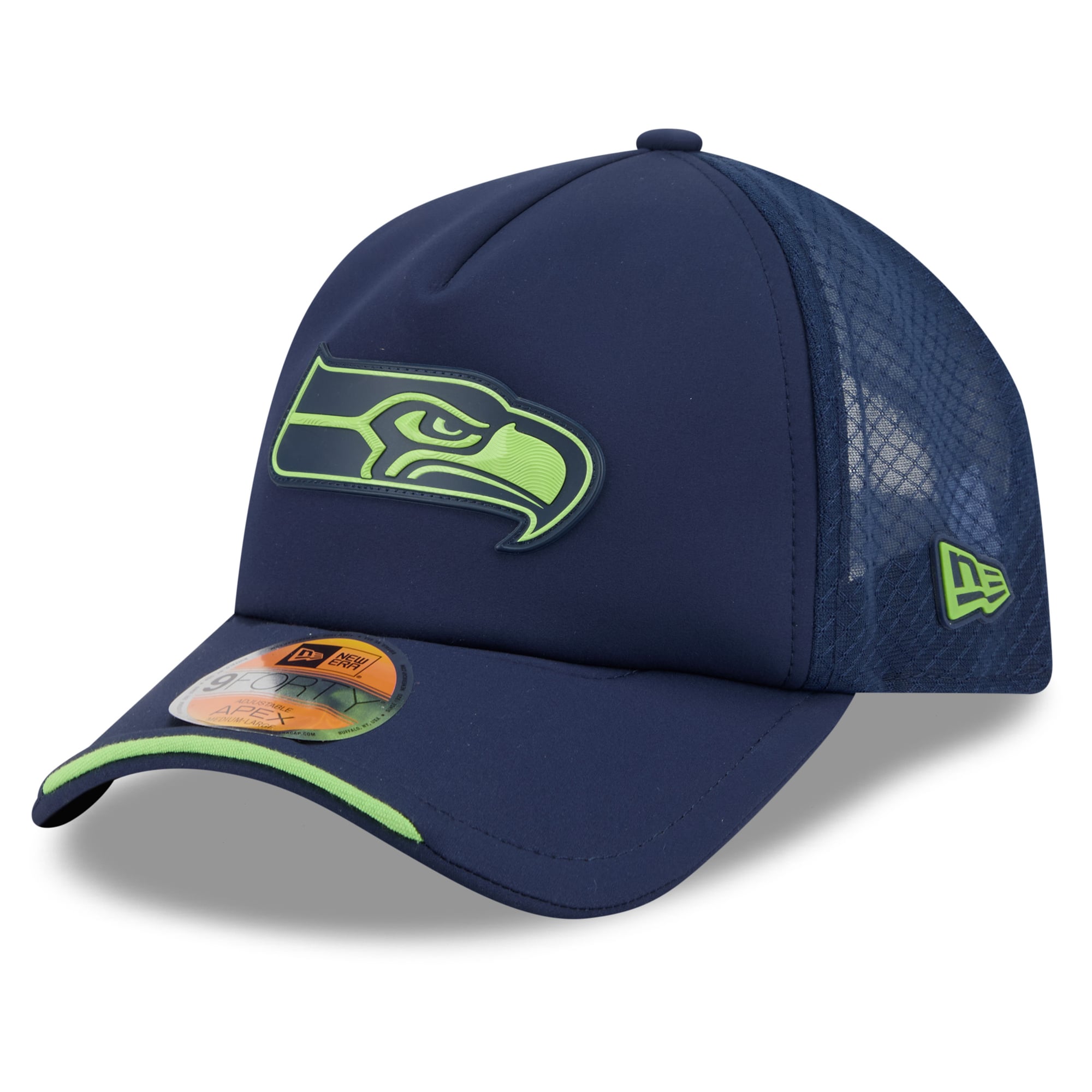 Men's New Era College Navy Seattle Seahawks 2026 Sideline APEX 9FORTY Adjustable Trucker Hat