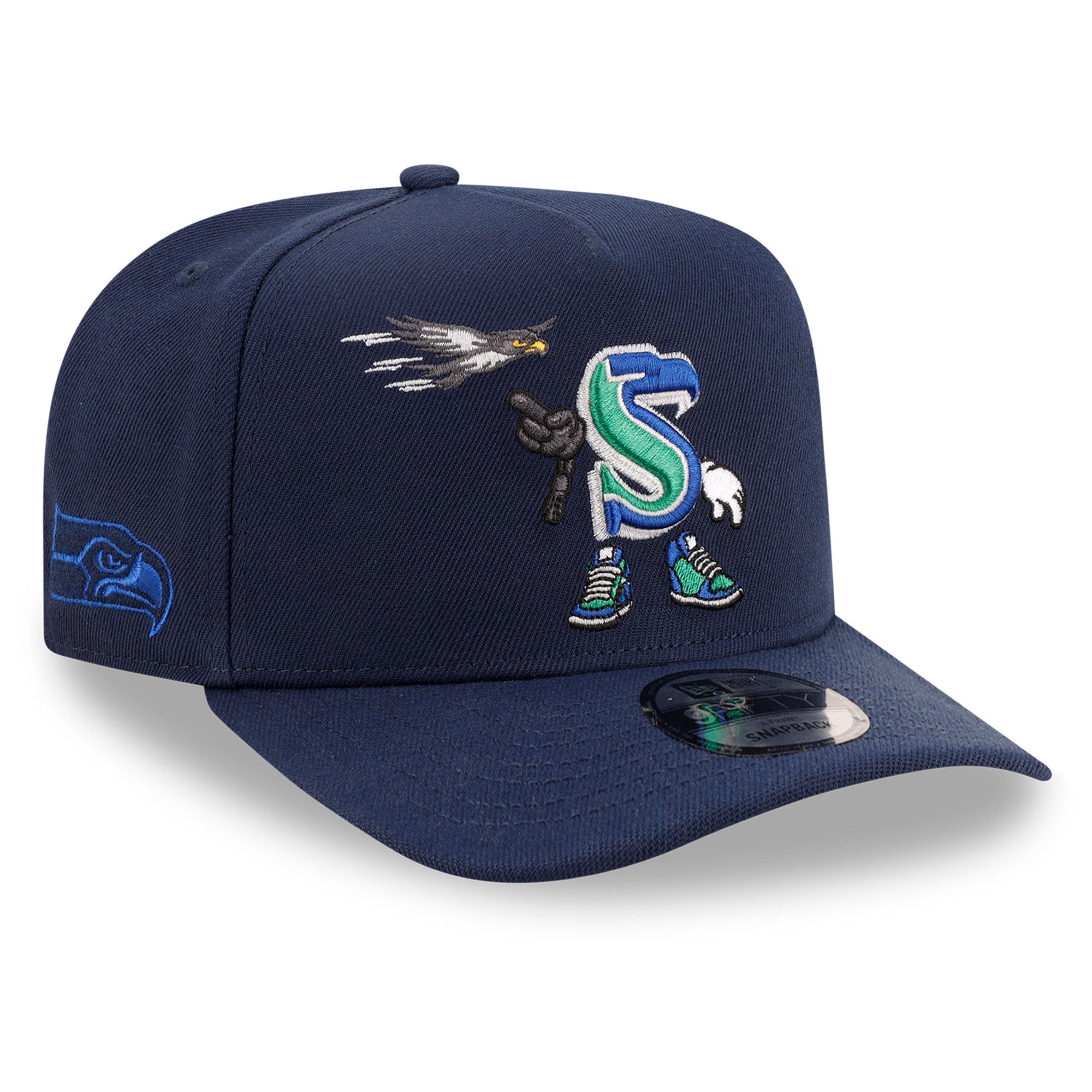 Casquette snapback New Era College Navy Seattle Seahawks pour homme, modèle A-Frame, style dessin animé 9FIFTY