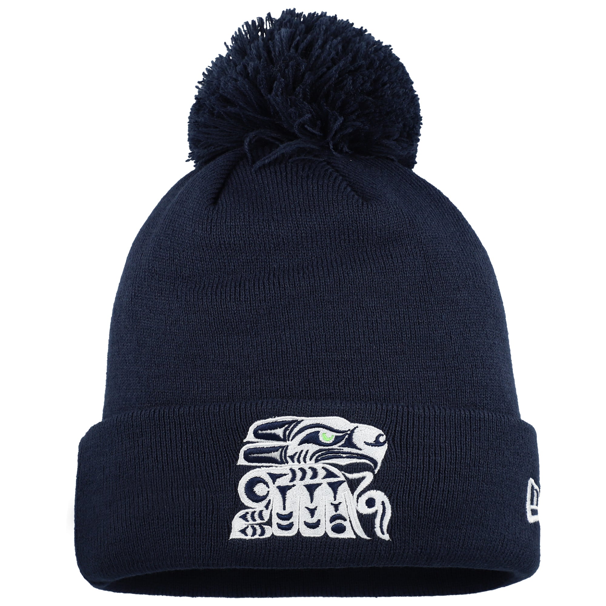 Bonnet en tricot à revers Muckleshoot pour homme New Era College Navy Seattle Seahawks avec pompon