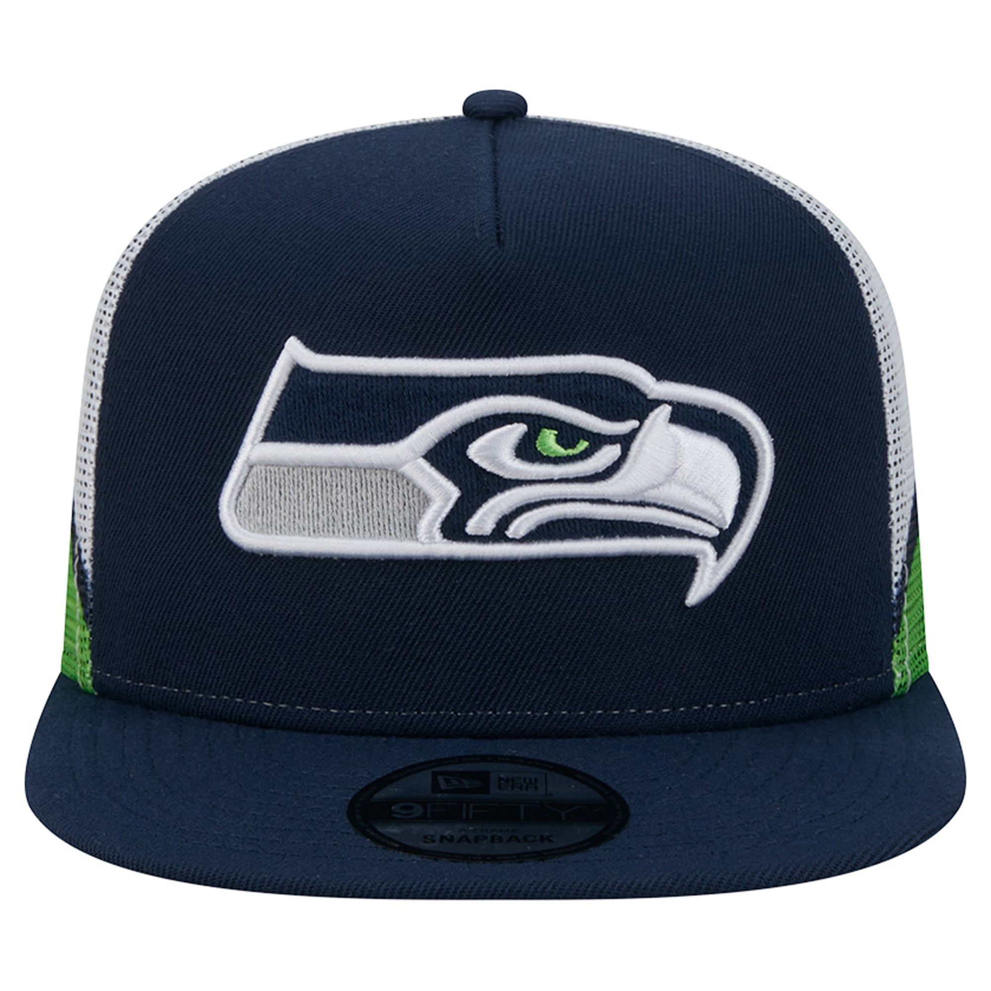 Casquette trucker New Era College pour homme, bleu marine/vert fluo, Seattle Seahawks, maille, style A-Frame, modèle 9FIFTY Snapback