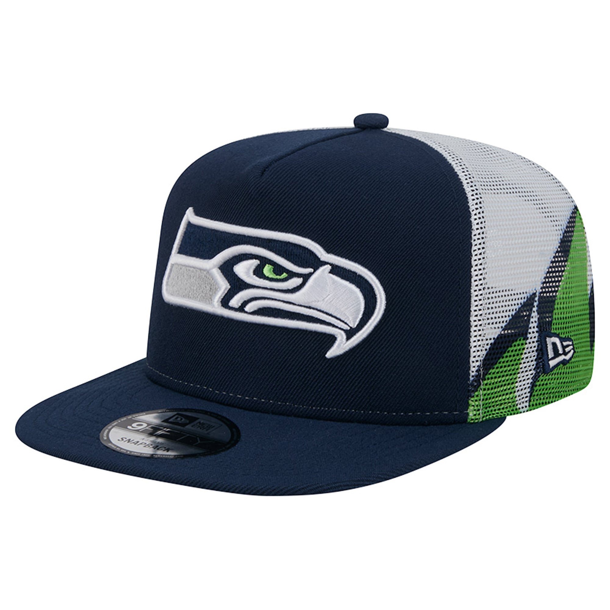 Casquette trucker New Era College pour homme, bleu marine/vert fluo, Seattle Seahawks, maille, style A-Frame, modèle 9FIFTY Snapback
