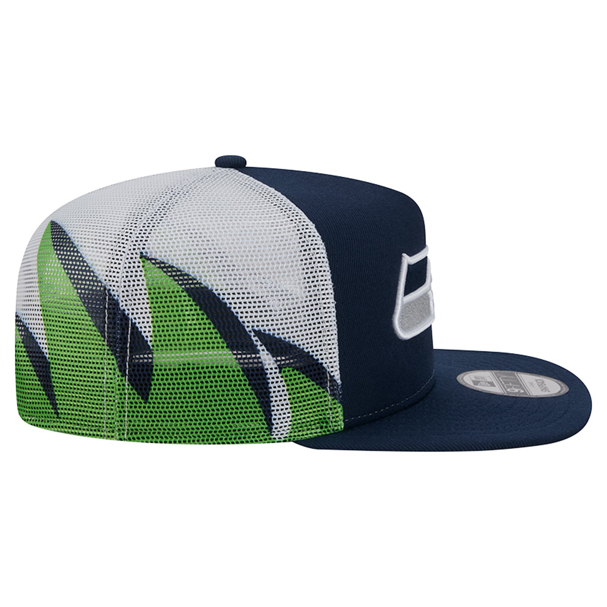 Casquette trucker New Era College pour homme, bleu marine/vert fluo, Seattle Seahawks, maille, style A-Frame, modèle 9FIFTY Snapback