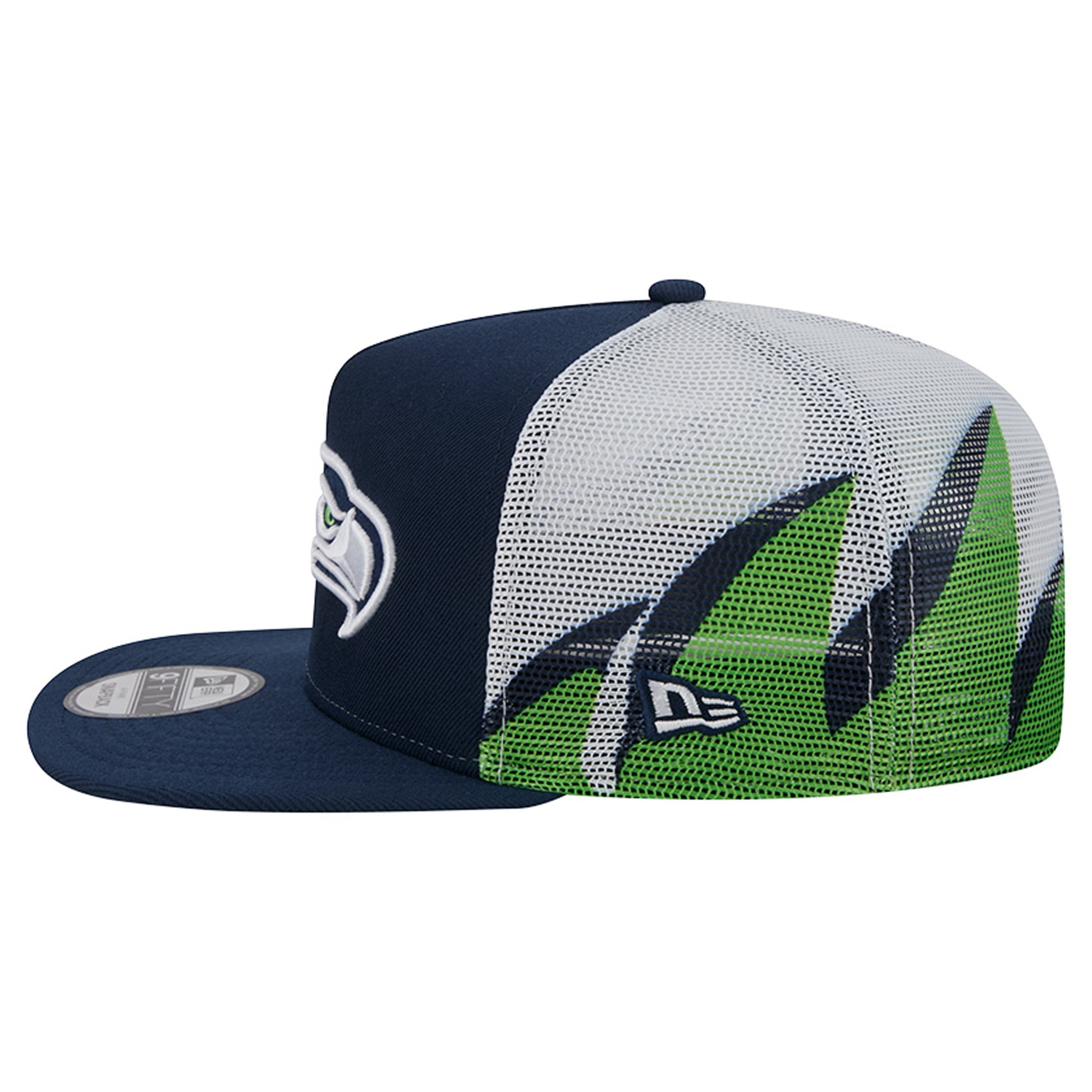 Casquette trucker New Era College pour homme, bleu marine/vert fluo, Seattle Seahawks, maille, style A-Frame, modèle 9FIFTY Snapback