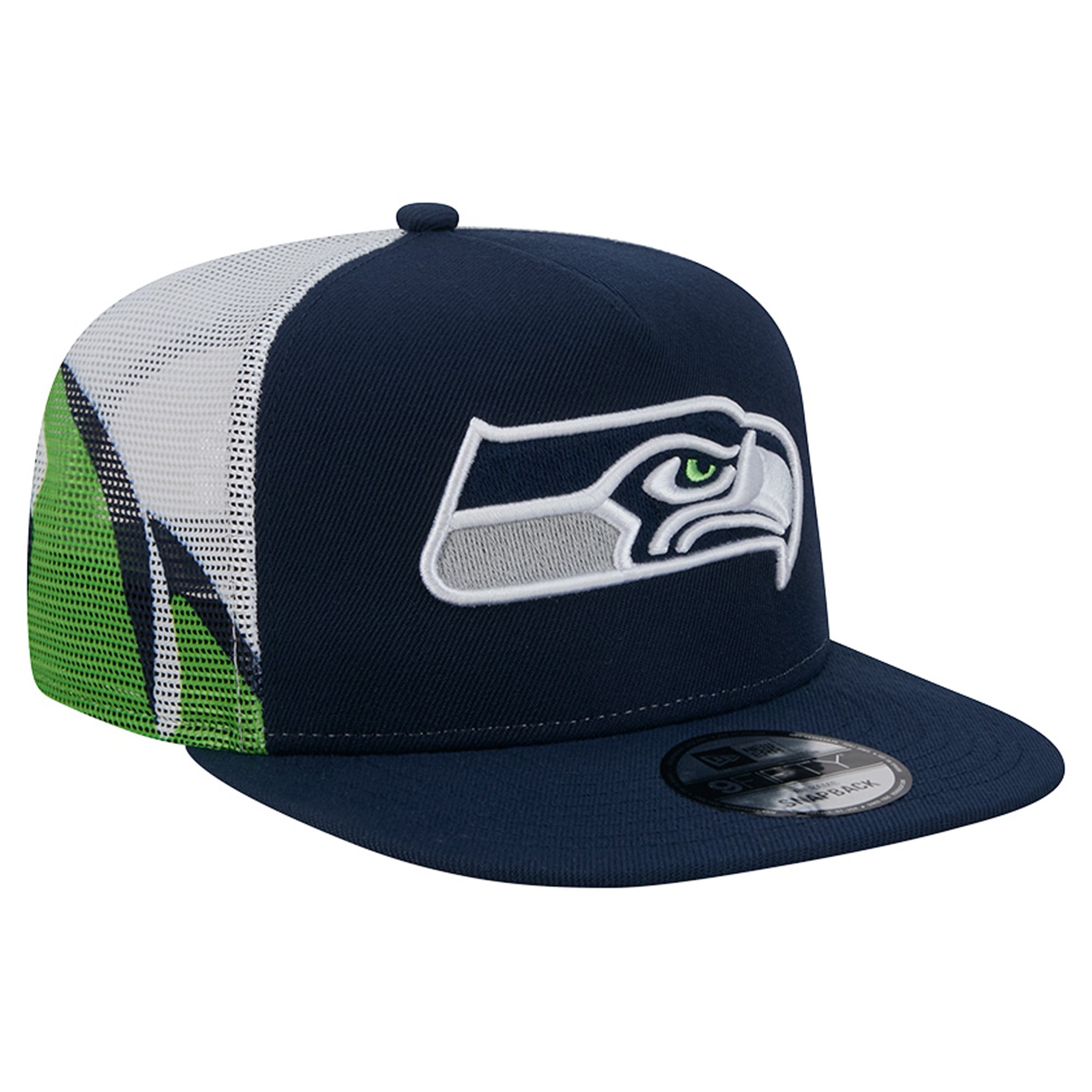 Casquette trucker New Era College pour homme, bleu marine/vert fluo, Seattle Seahawks, maille, style A-Frame, modèle 9FIFTY Snapback