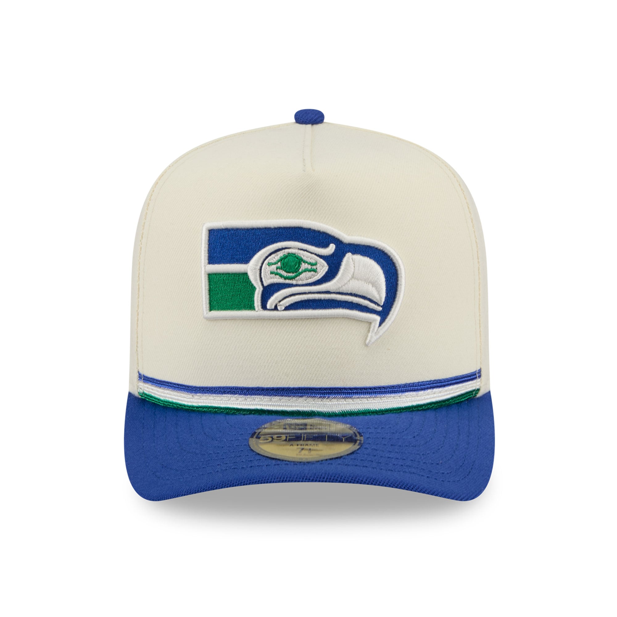 Casquette ajustée New Era 59FIFTY pour homme, coloris crème/bleu royal, Seattle Seahawks, style rétro.