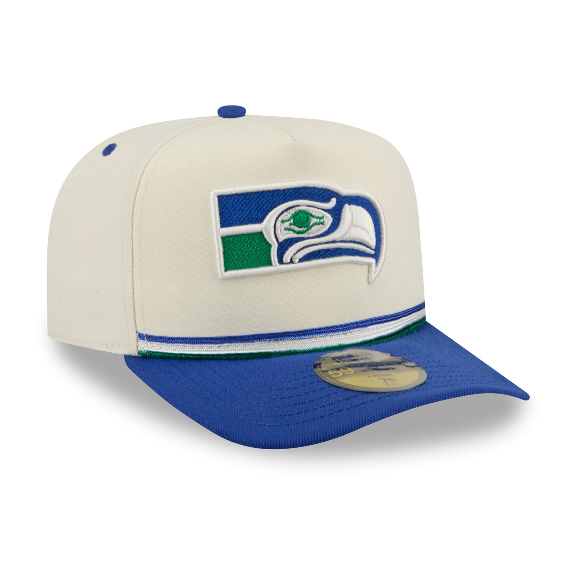 Casquette ajustée New Era 59FIFTY pour homme, coloris crème/bleu royal, Seattle Seahawks, style rétro.