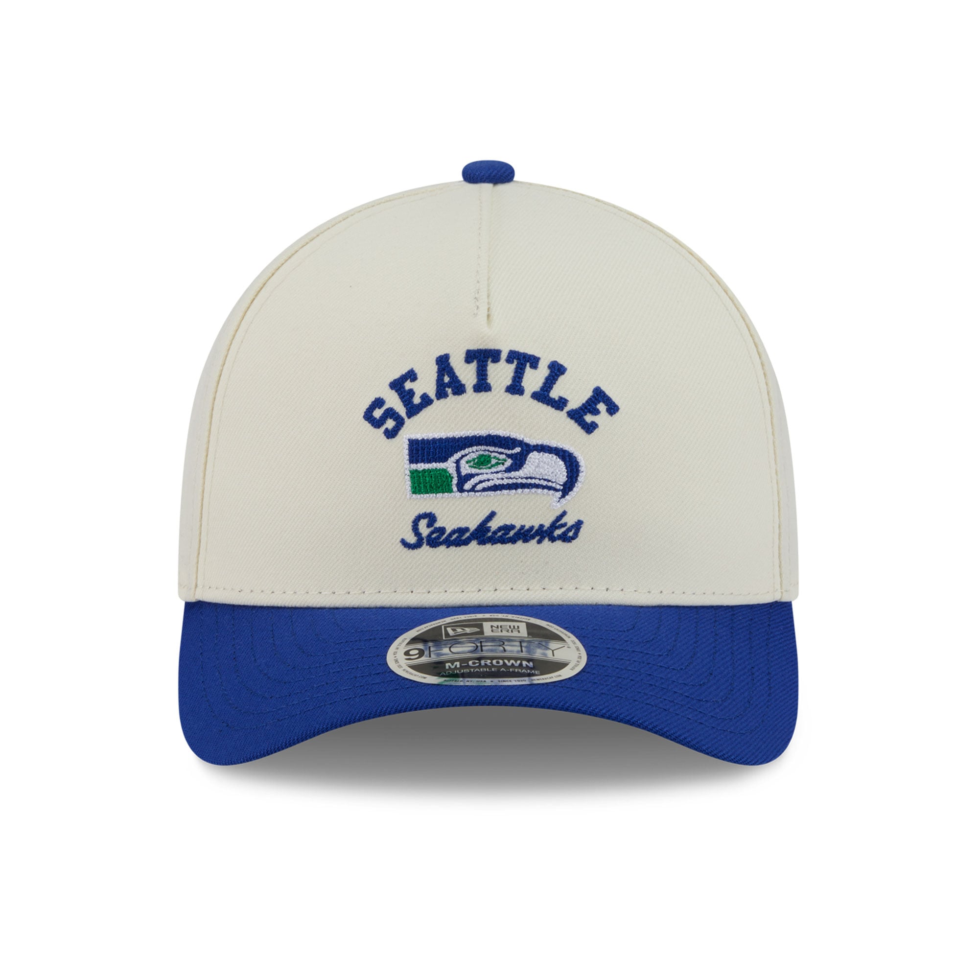 Casquette New Era pour homme, crème/bleu roi, Seattle Seahawks Throwback Arch 9FORTY, modèle A-Frame M-Crown, ajustable
