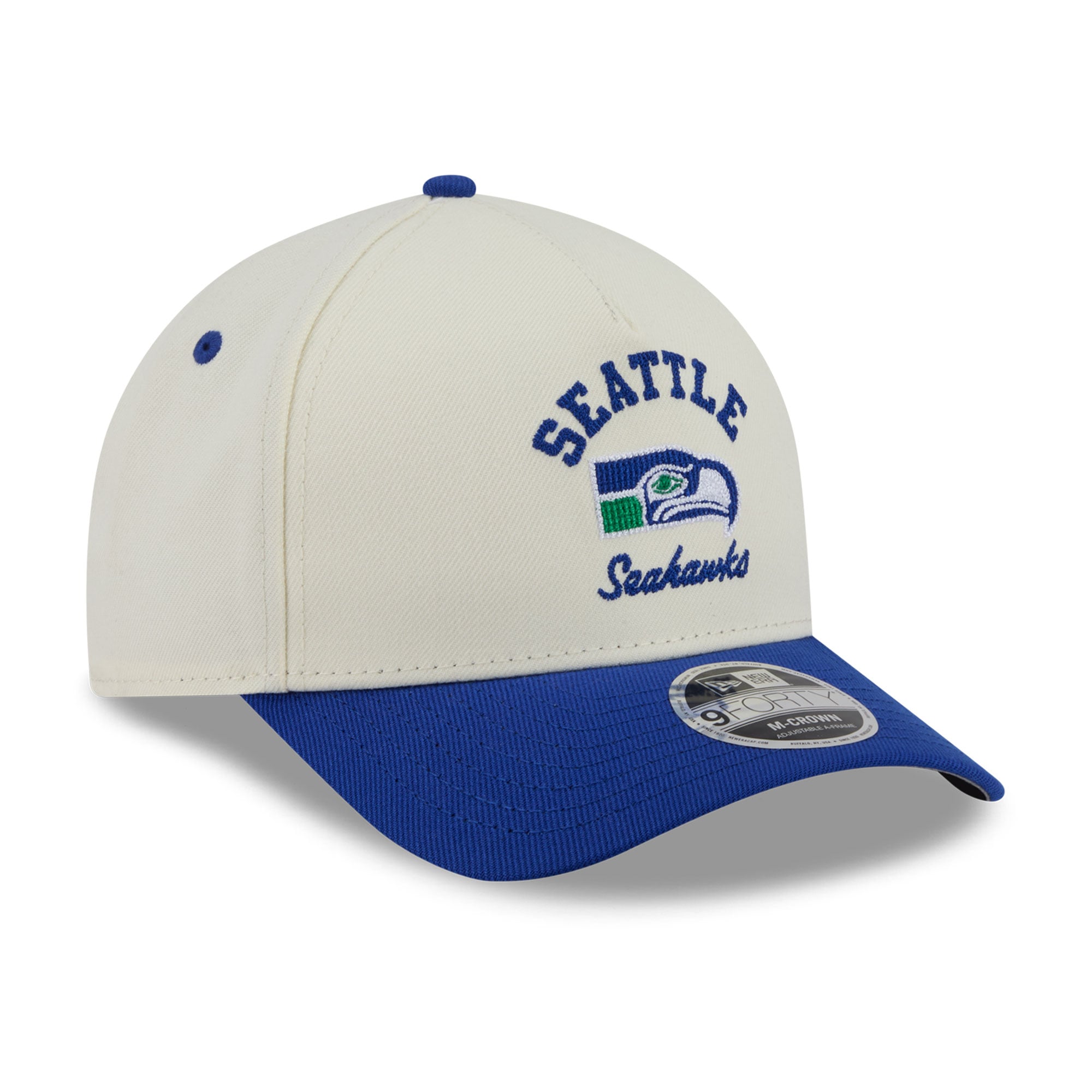Casquette New Era pour homme, crème/bleu roi, Seattle Seahawks Throwback Arch 9FORTY, modèle A-Frame M-Crown, ajustable