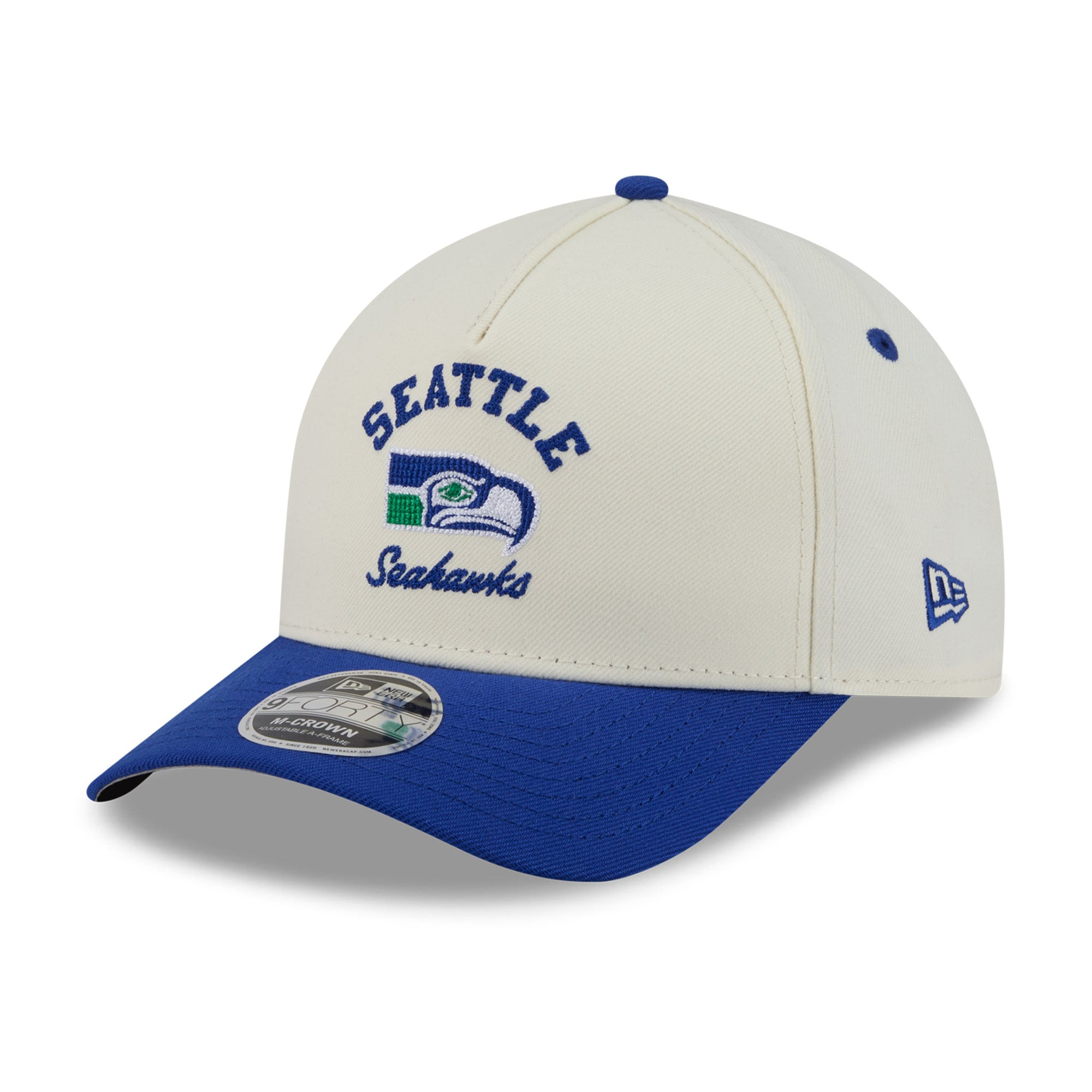 Casquette New Era pour homme, crème/bleu roi, Seattle Seahawks Throwback Arch 9FORTY, modèle A-Frame M-Crown, ajustable