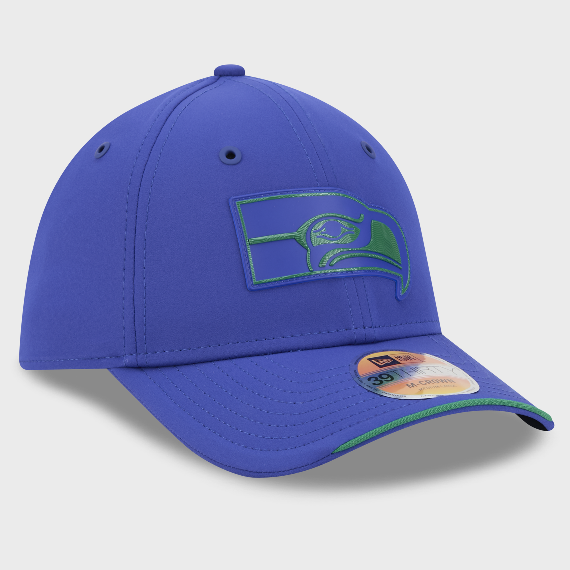 Casquette New Era Royal Seattle Seahawks 2026 Sideline Throwback 39THIRTY M-Crown Flex pour homme