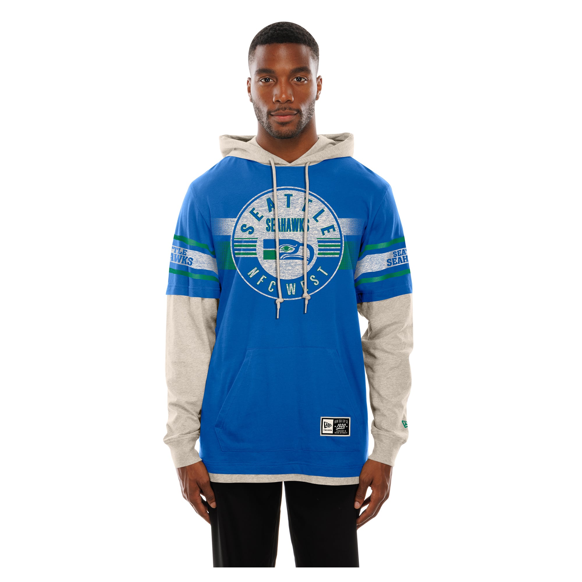 T-shirt à capuche manches longues superposées New Era Royal Seattle Seahawks pour homme