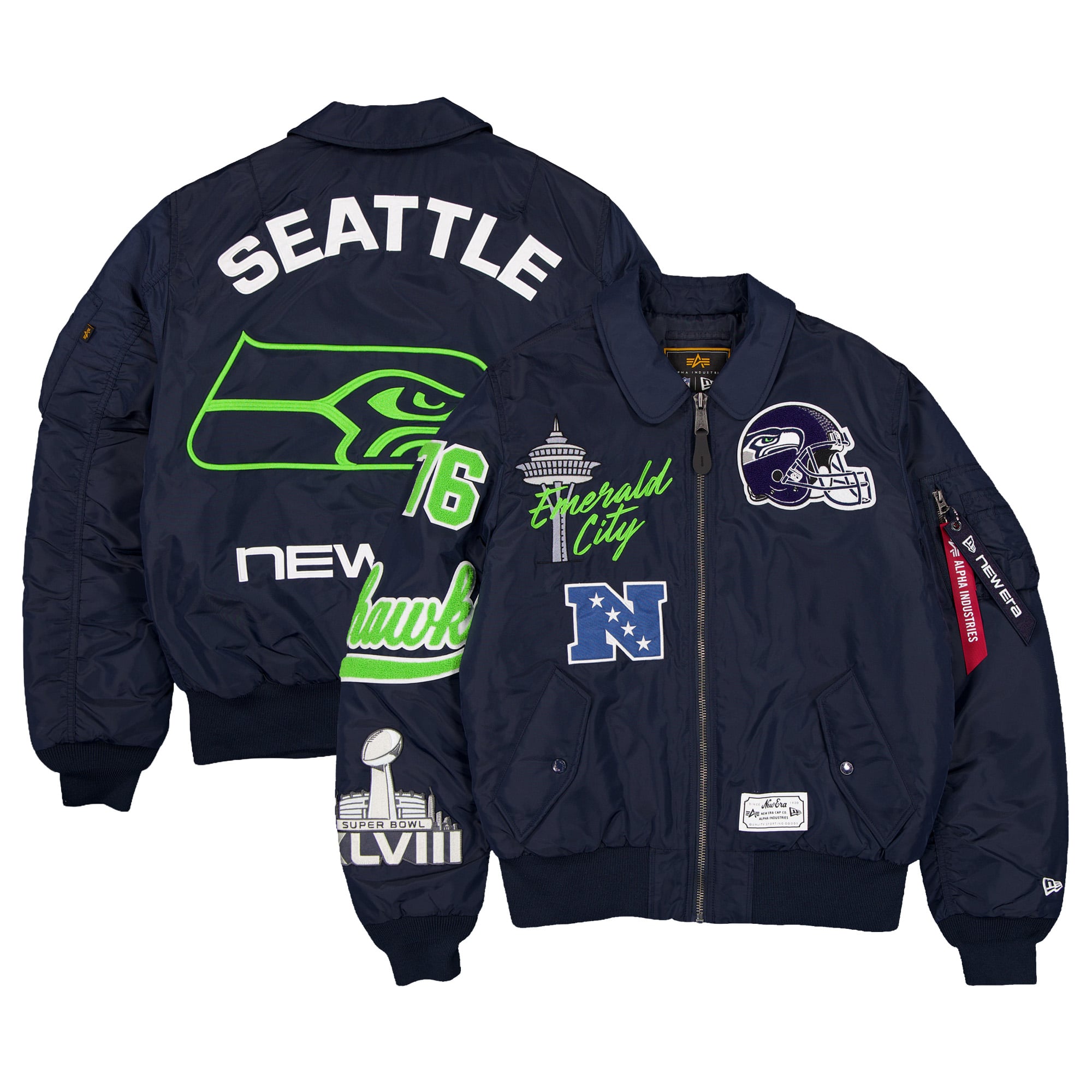 Veste bomber zippée New Era x Alpha Industries College Navy Seattle Seahawks MA-1 pour homme