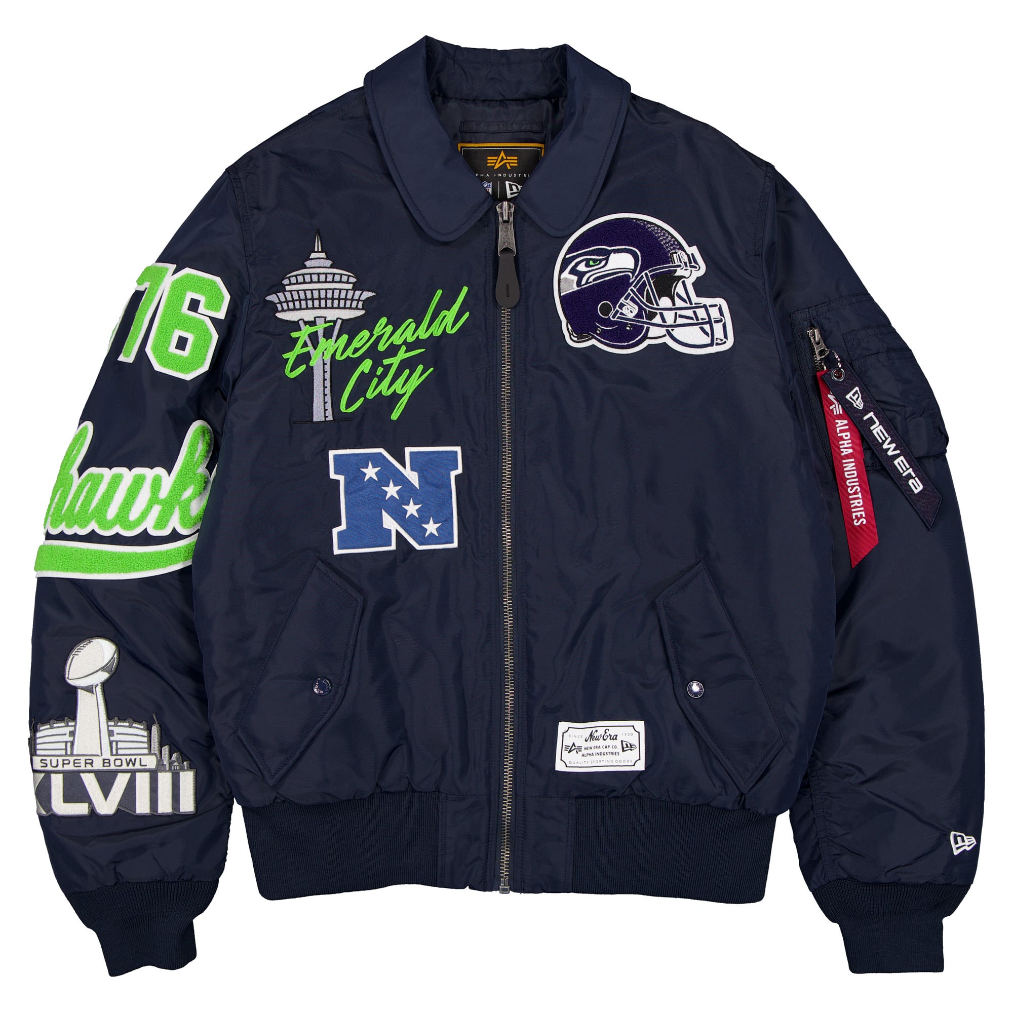 Veste bomber zippée New Era x Alpha Industries College Navy Seattle Seahawks MA-1 pour homme