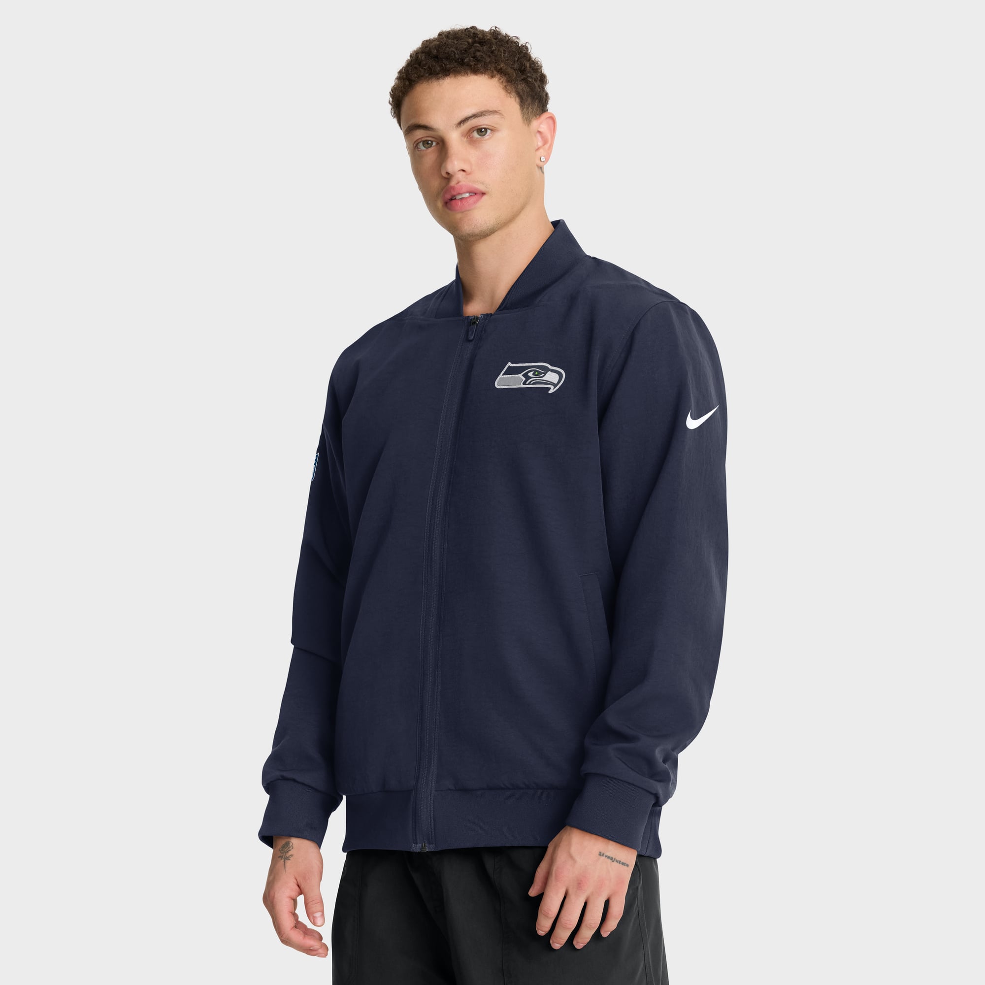 Men's Nike College Navy Seattle Seahawks Sideline Powerful Blocking Full-Zip Dri-FIT Bomber Jacket