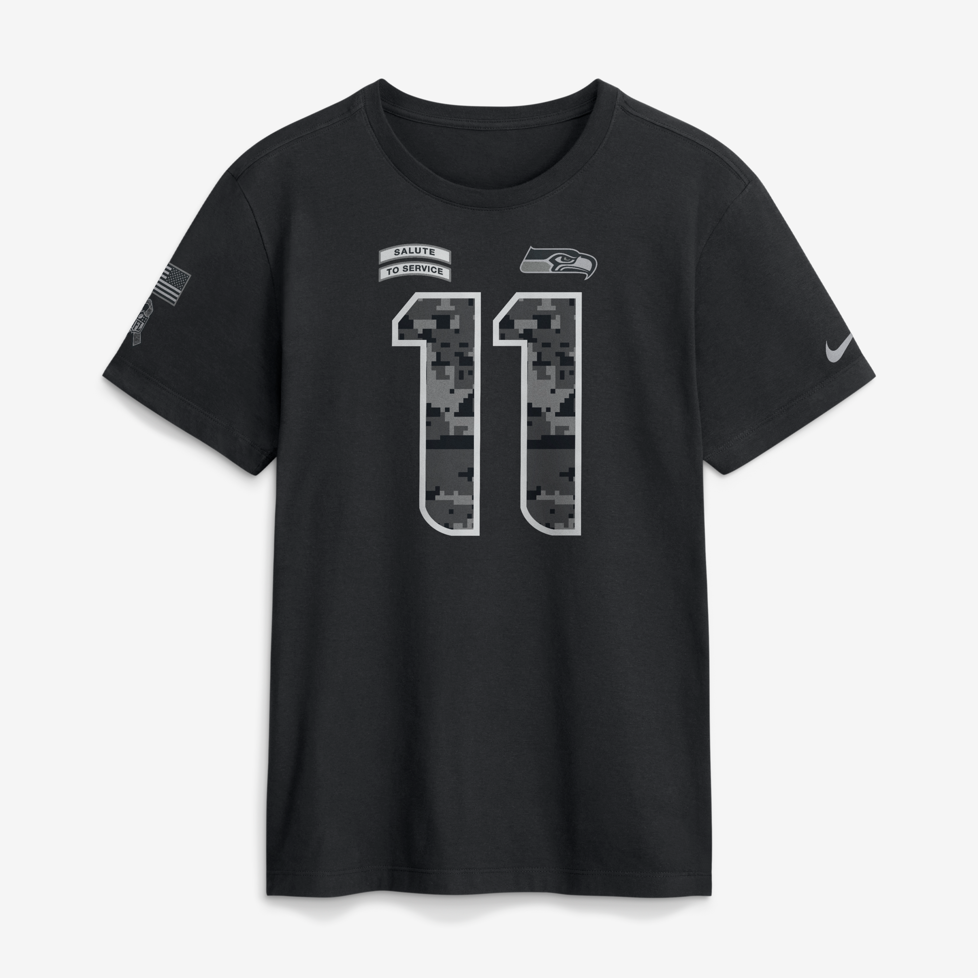 T-shirt Nike Jaxon Smith-Njigba noir Seattle Seahawks 2026 Salute to Service pour homme, avec nom et numéro