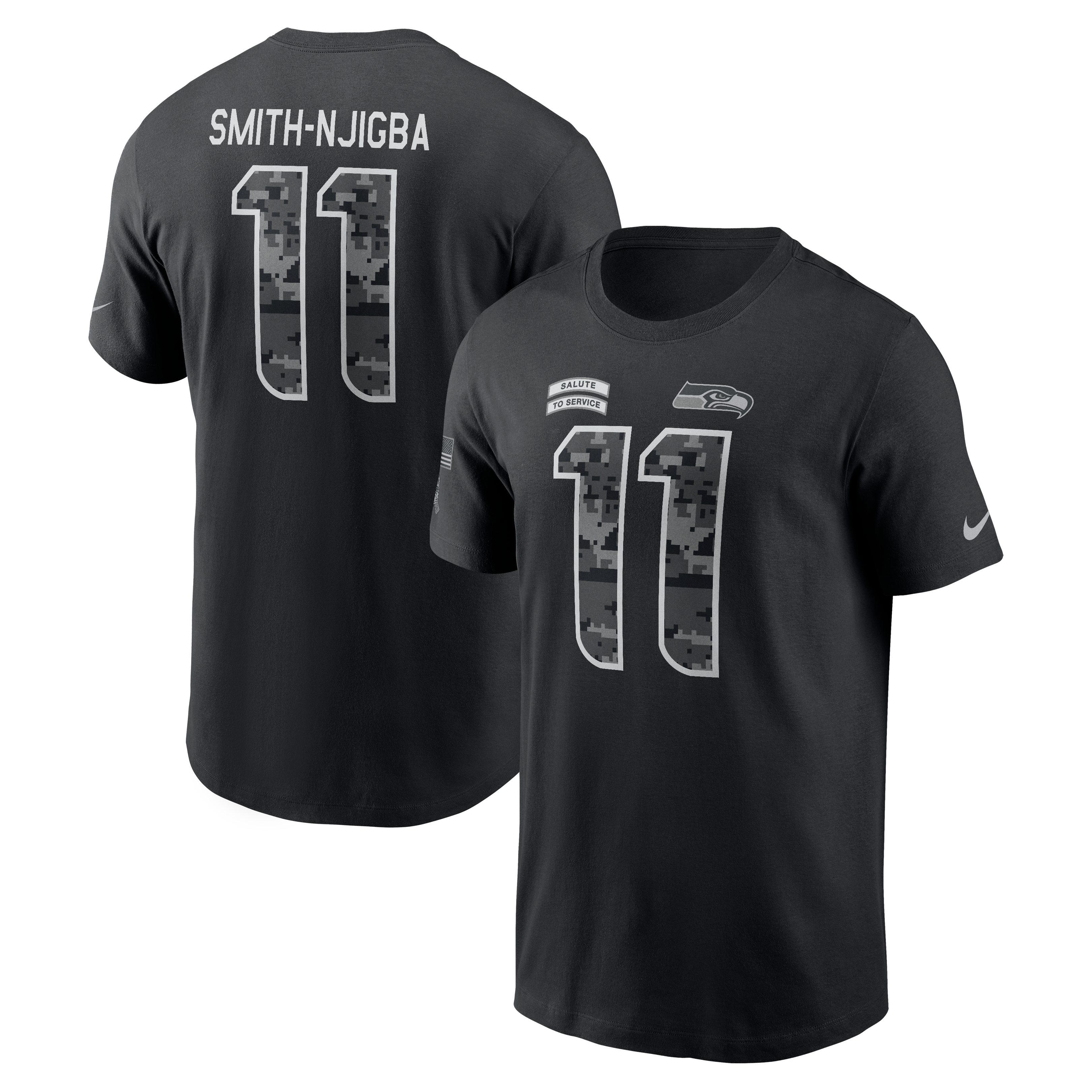 T-shirt Nike Jaxon Smith-Njigba noir Seattle Seahawks 2026 Salute to Service pour homme, avec nom et numéro
