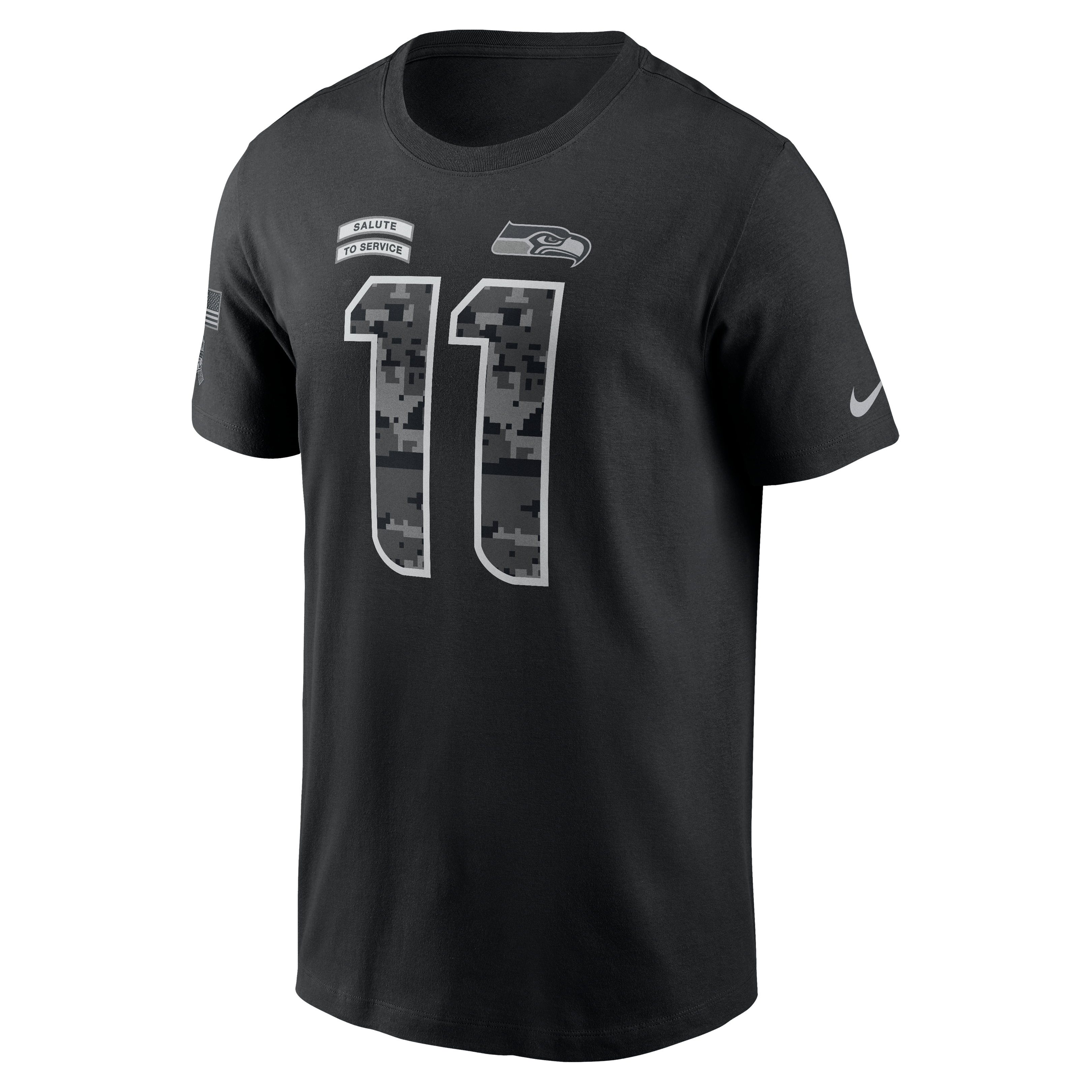 T-shirt Nike Jaxon Smith-Njigba noir Seattle Seahawks 2026 Salute to Service pour homme, avec nom et numéro