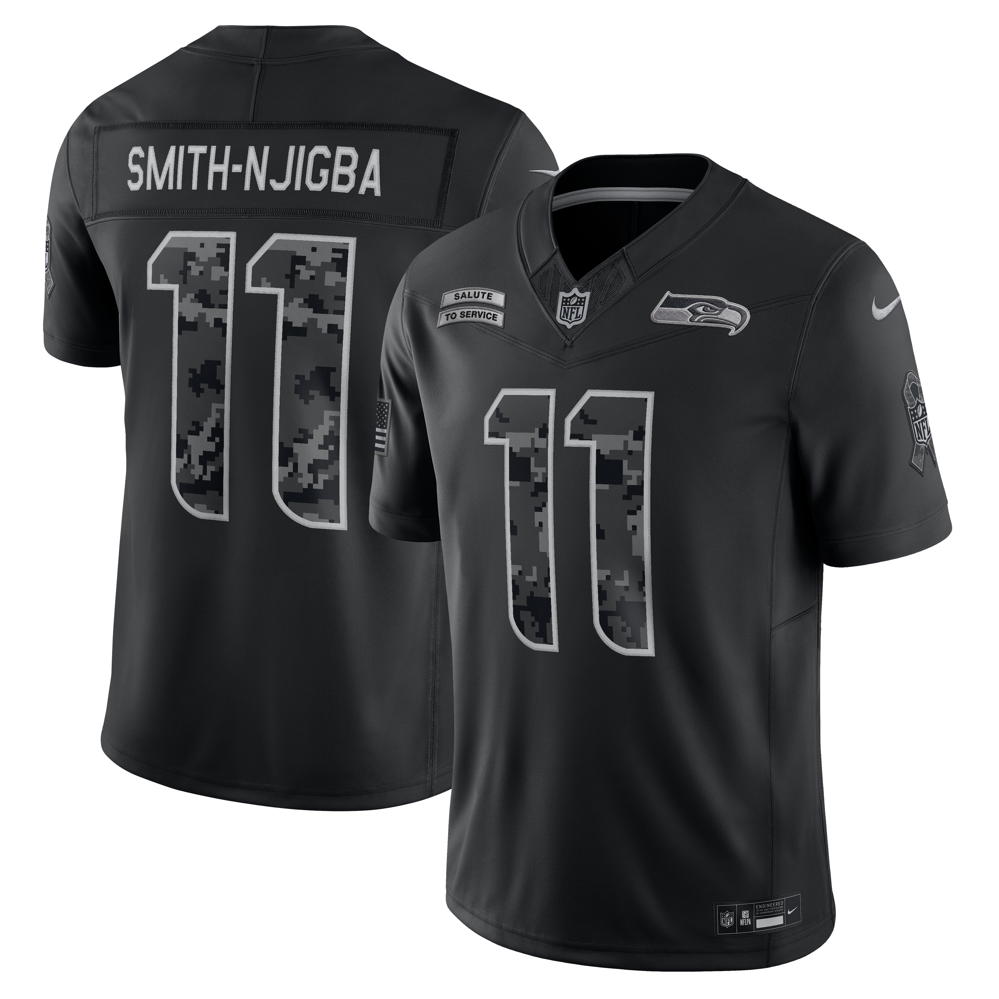 Maillot Nike Jaxon Smith-Njigba noir Seattle Seahawks 2026 Salute to Service, édition limitée cousue