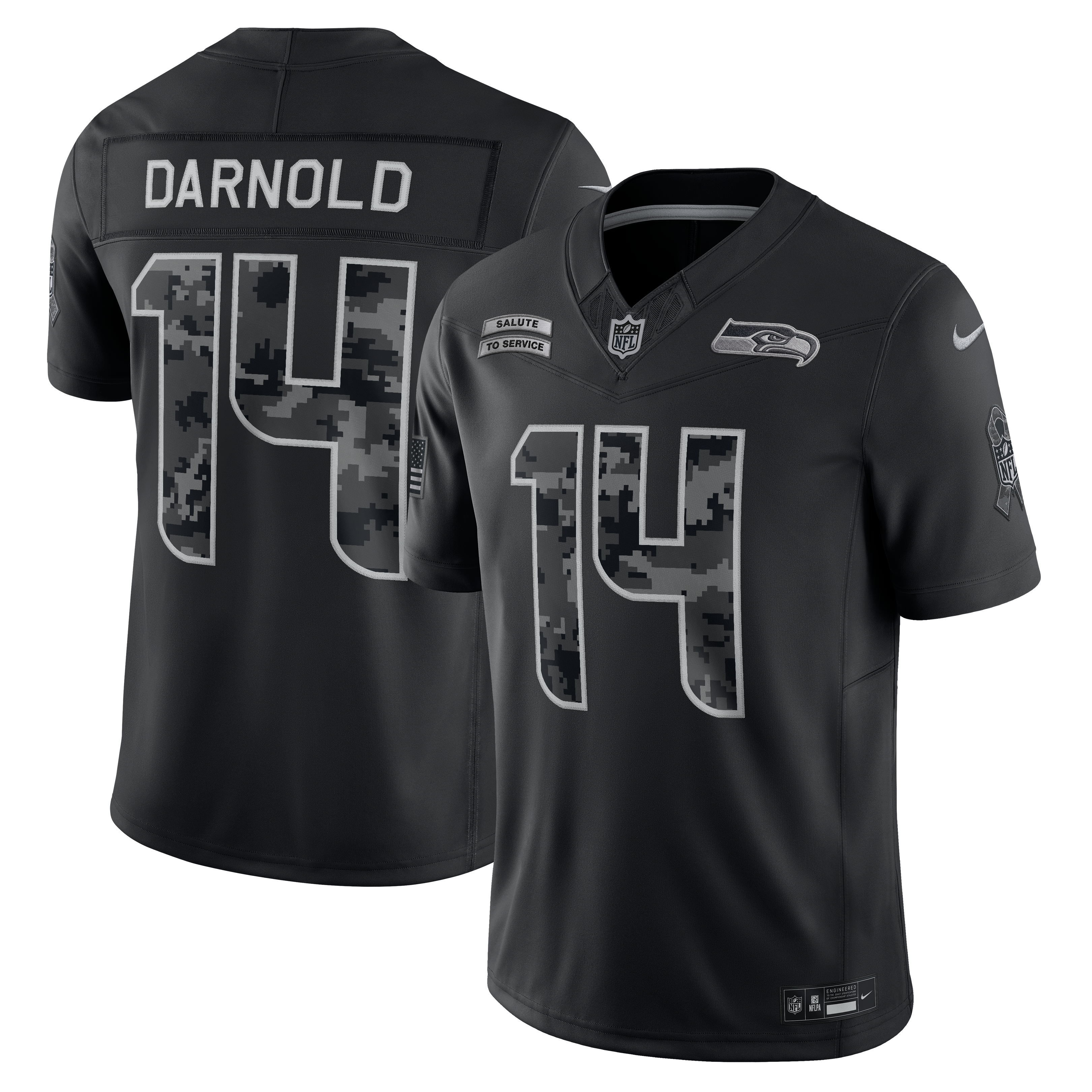 Maillot Nike Sam Darnold noir Seattle Seahawks 2026 Salute to Service, édition limitée cousue