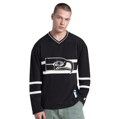 Seattle Seahawks Starter Line Up Retro Logo Long Sleeve V-Neck T-Shirt - Black