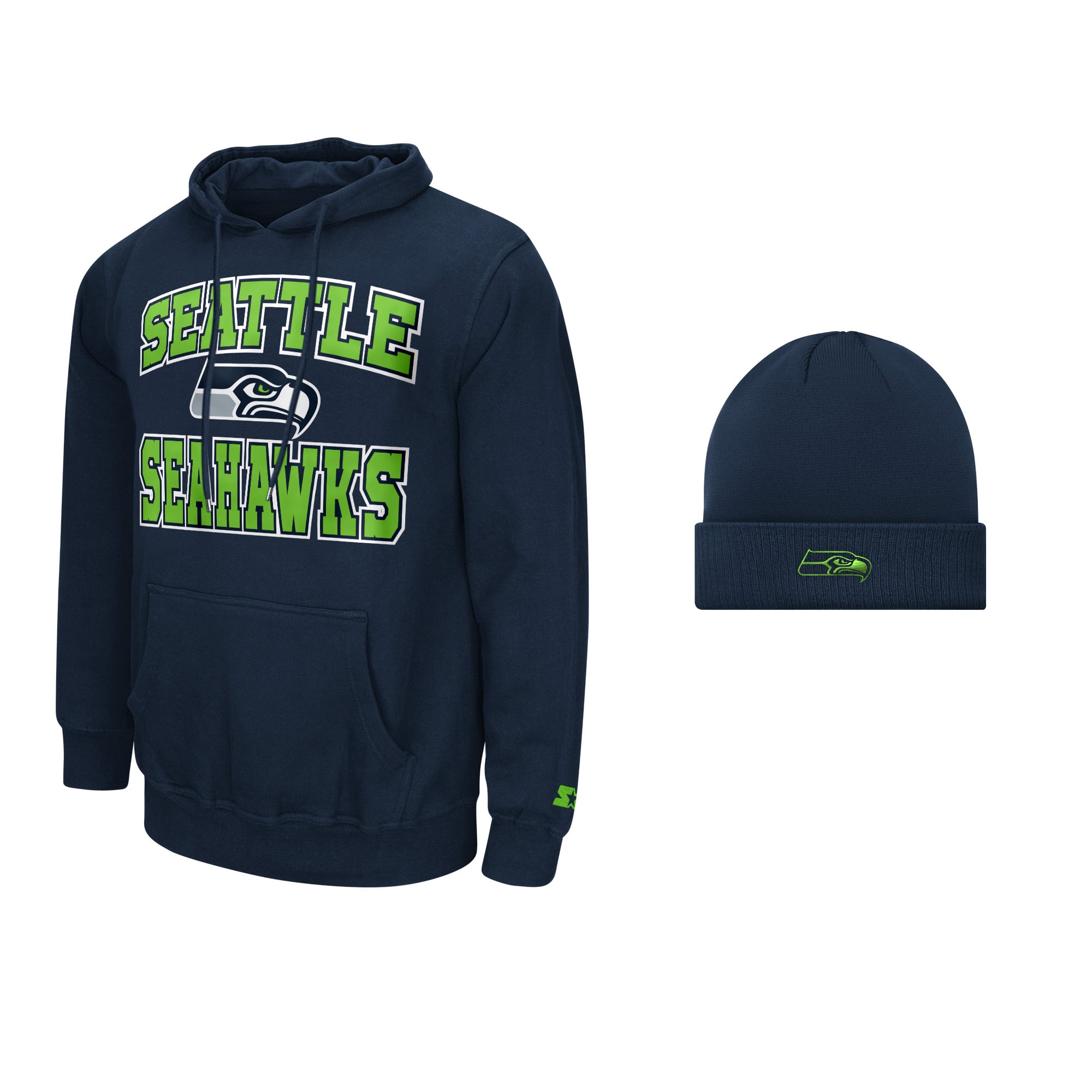 Men's Starter College Navy Seattle Seahawks Hoodie and Cuffed Knit Hat Combo Pack