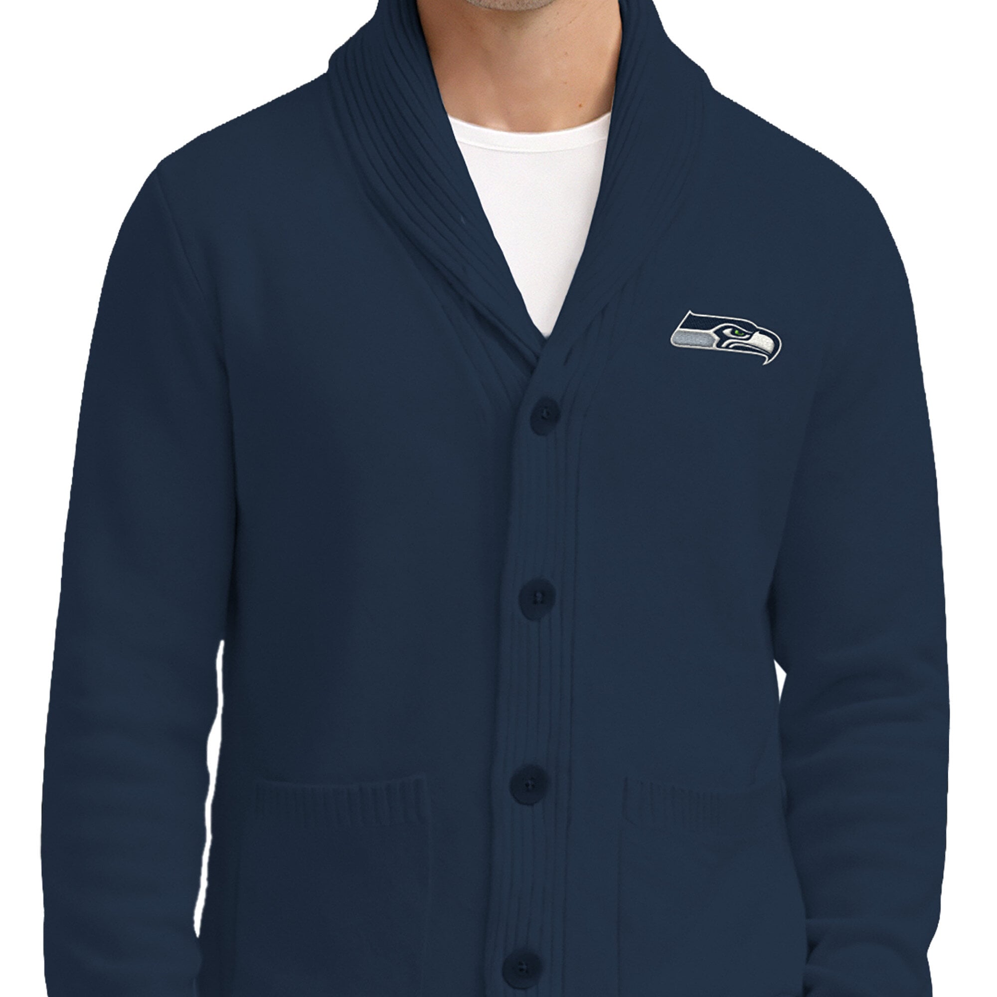 Men's Starter College Navy Seattle Seahawks Shawl Collar Heavy Knit Cardigan Sweater