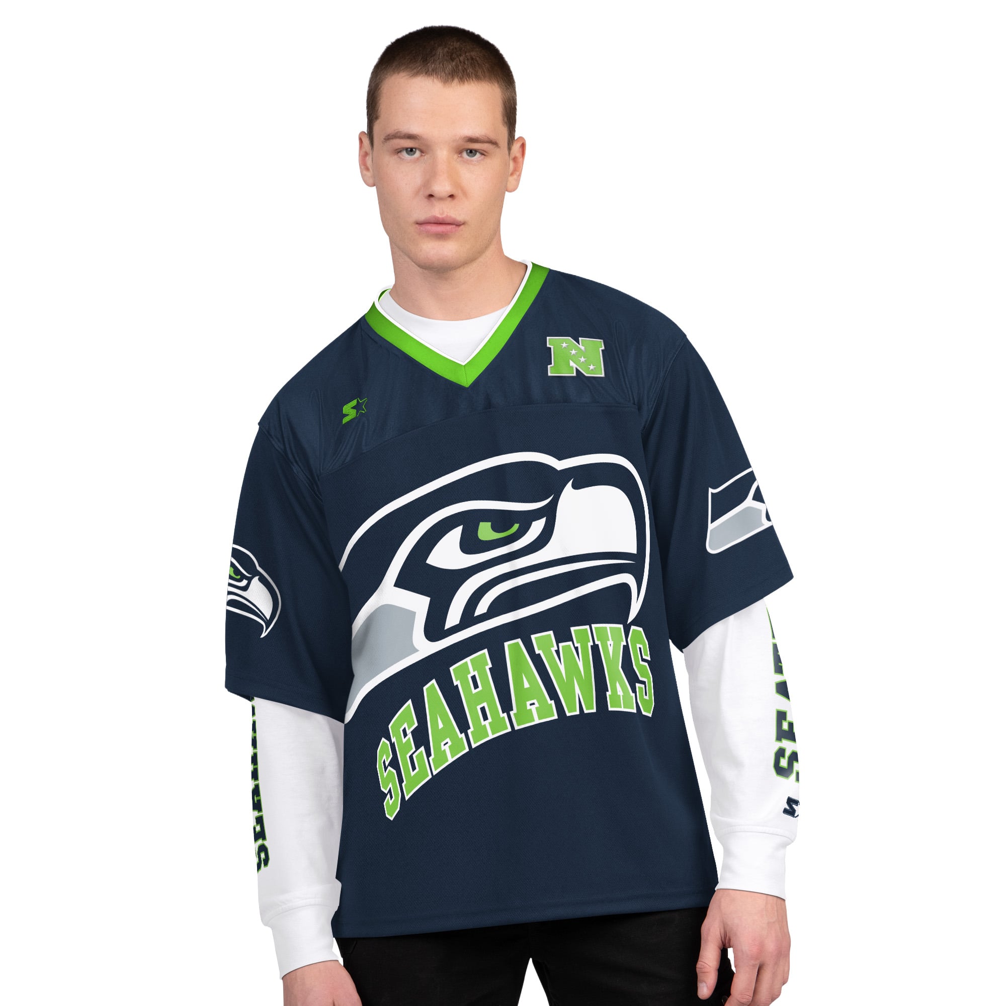 Pack de t-shirts à manches courtes et longues Starter College pour hommes, bleu marine blanc, Seattle Seahawks